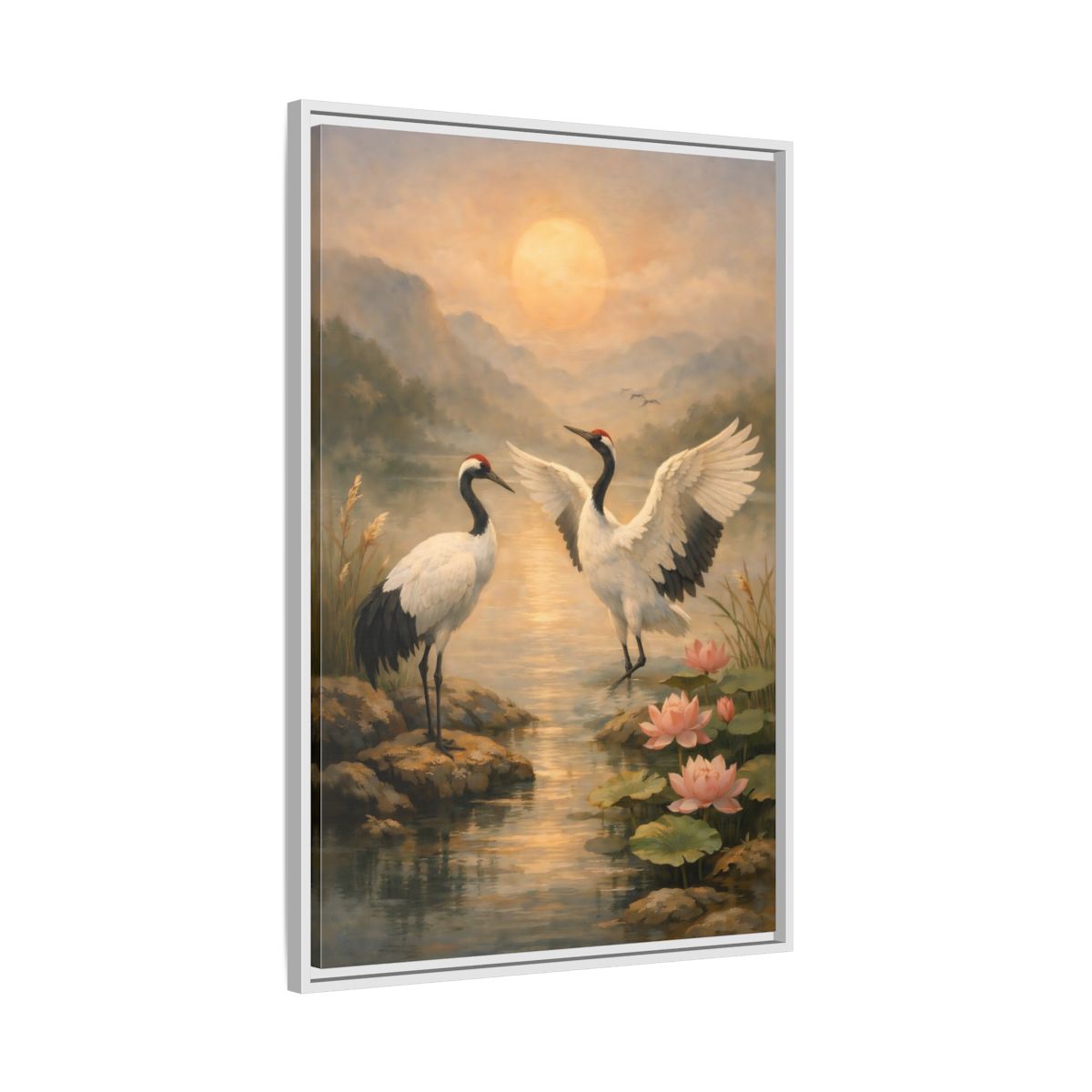 Side Mockup 9. Nature Cranes Cranes Sunset shown as stretched canvas wall art
