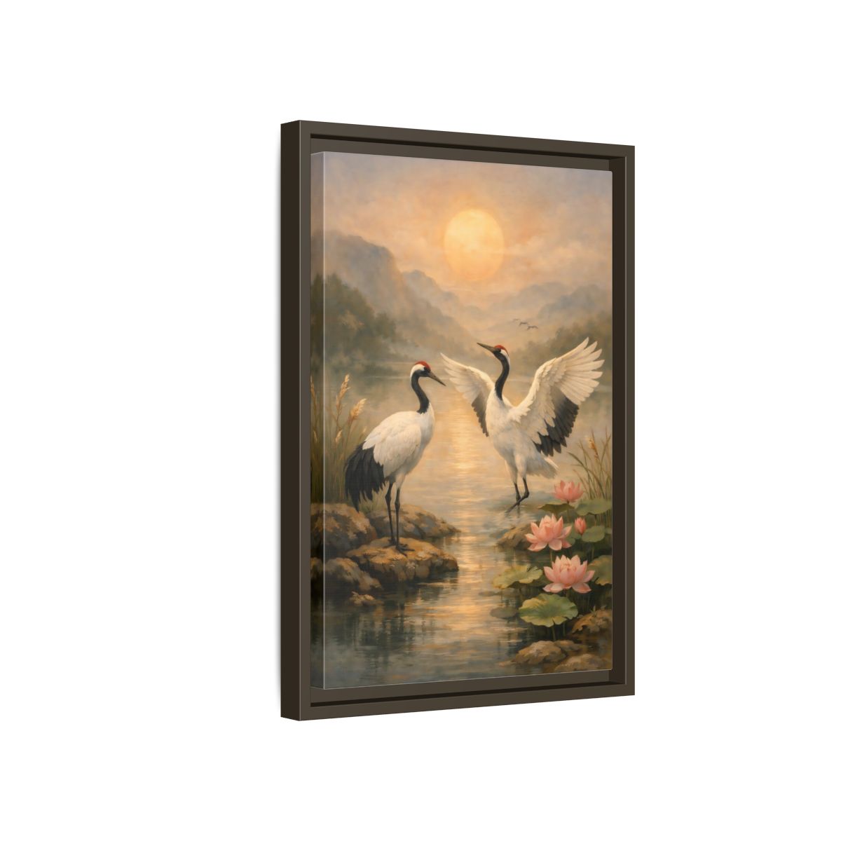 Side Mockup 5. Nature Cranes Cranes Sunset shown as stretched canvas wall art