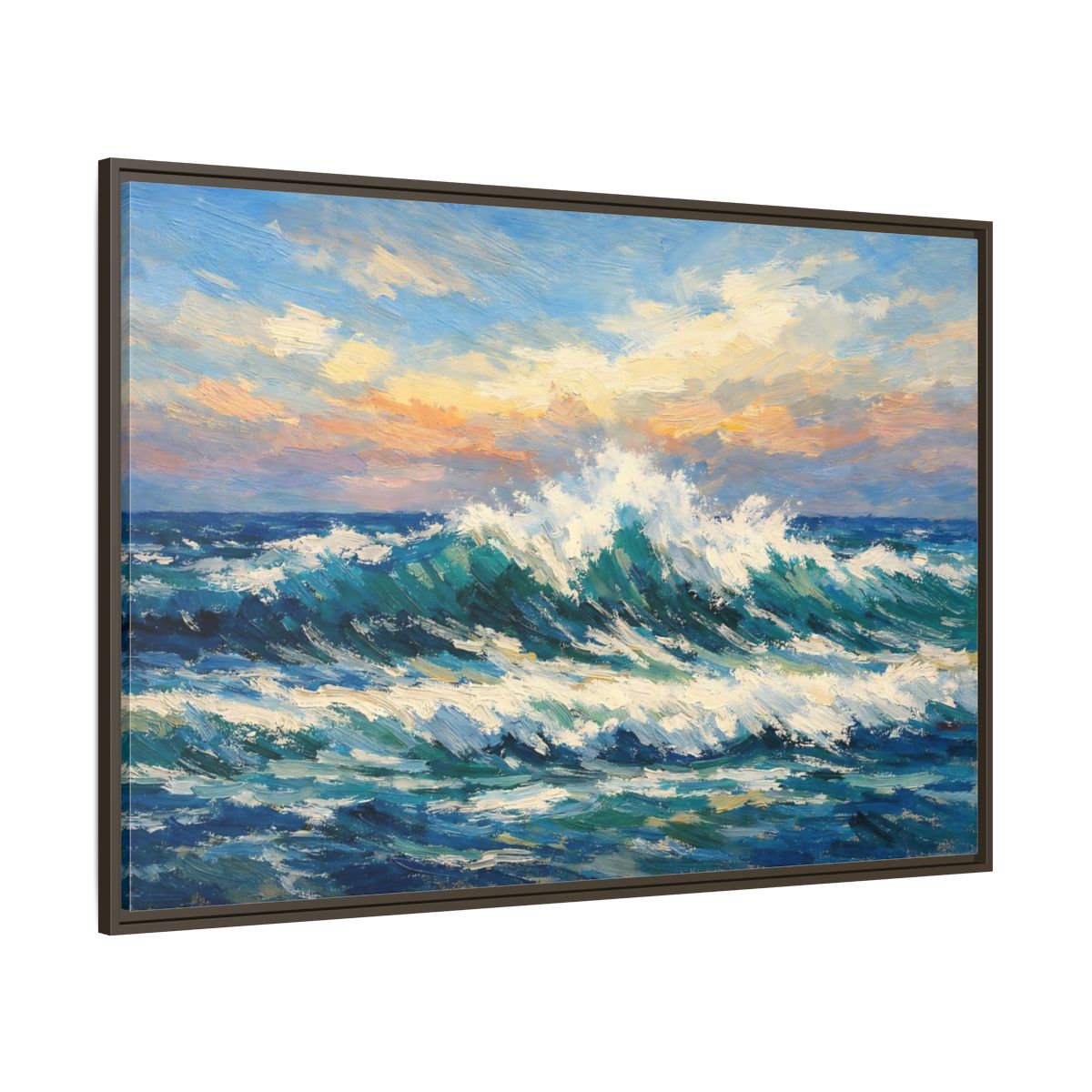 Main Mockup. Nature Crashing Wave Blue And Orange shown as stretched canvas wall art