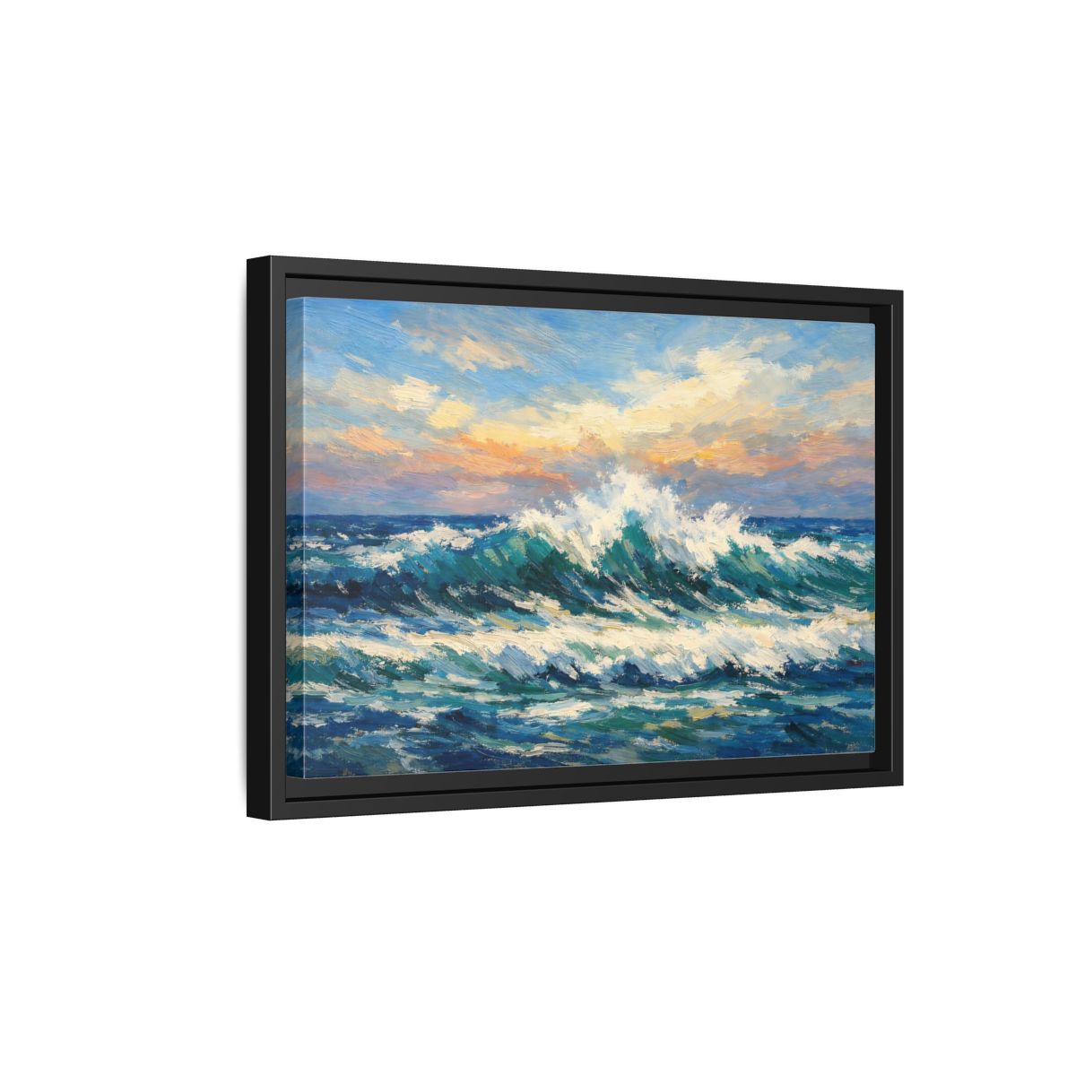 Side Mockup 6. Nature Crashing Wave Blue And Orange shown as stretched canvas wall art