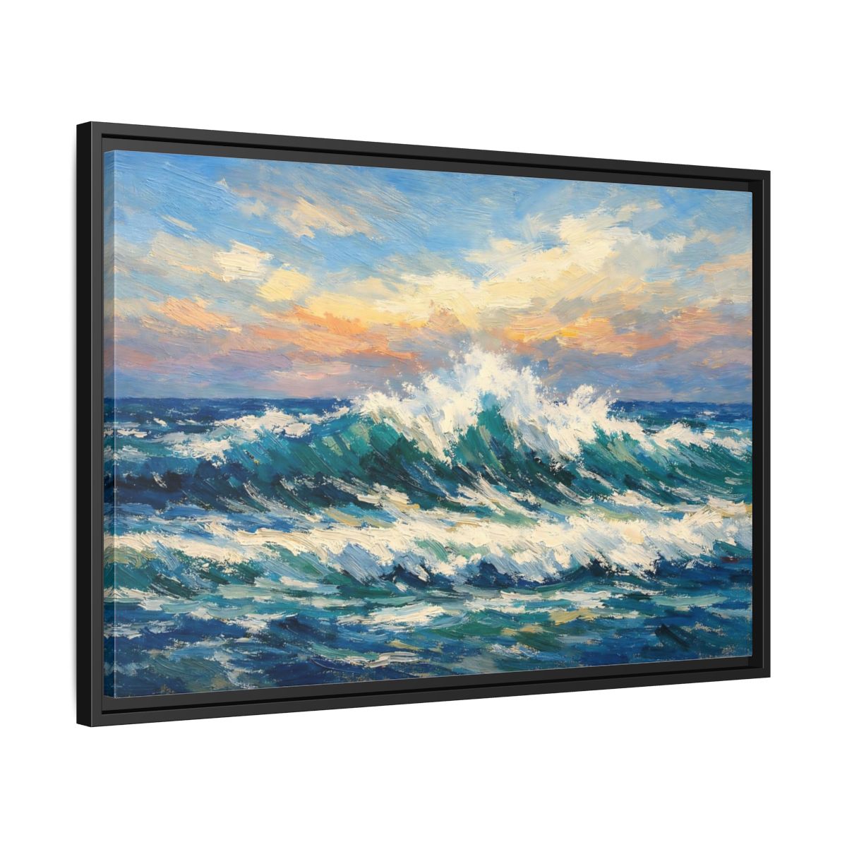 Side Mockup 14. Nature Crashing Wave Blue And Orange shown as stretched canvas wall art