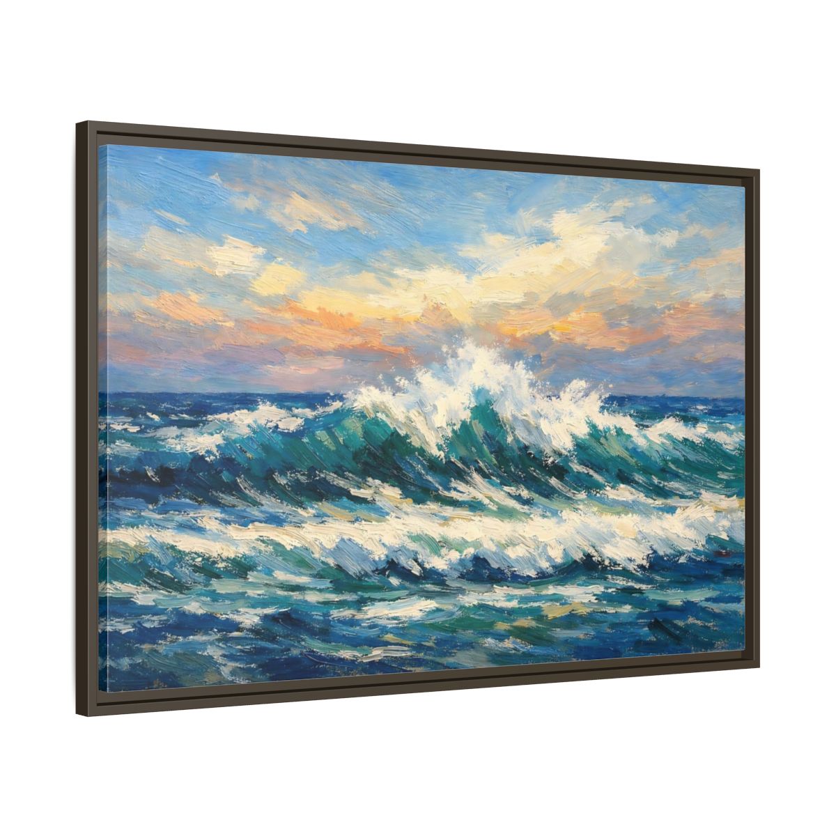 Side Mockup 9. Nature Crashing Wave Blue And Orange shown as stretched canvas wall art