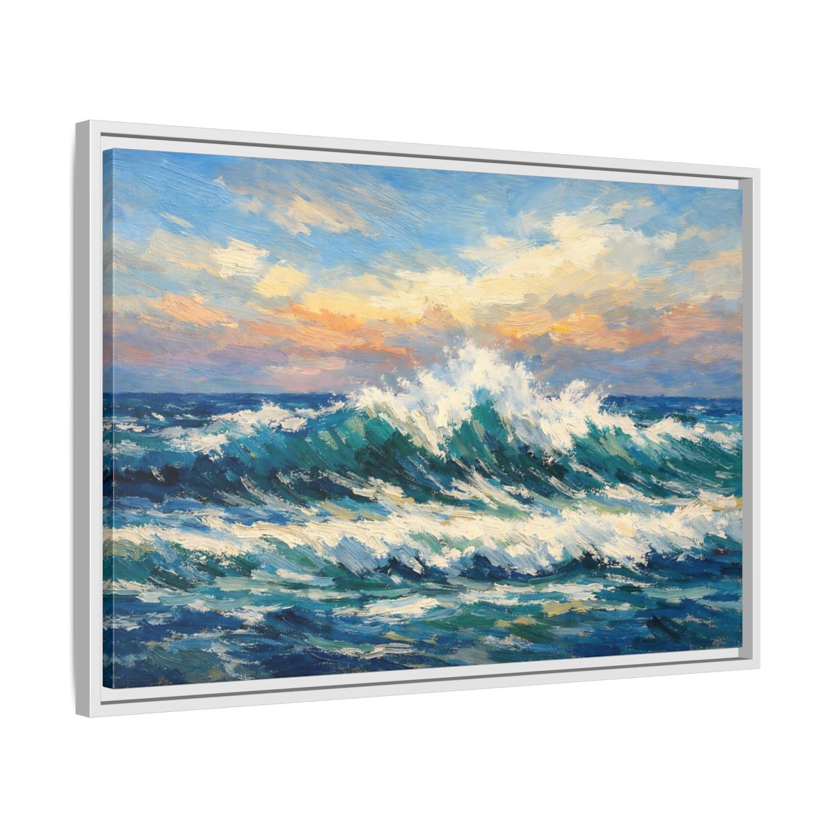 Side Mockup 10. Nature Crashing Wave Blue And Orange shown as stretched canvas wall art