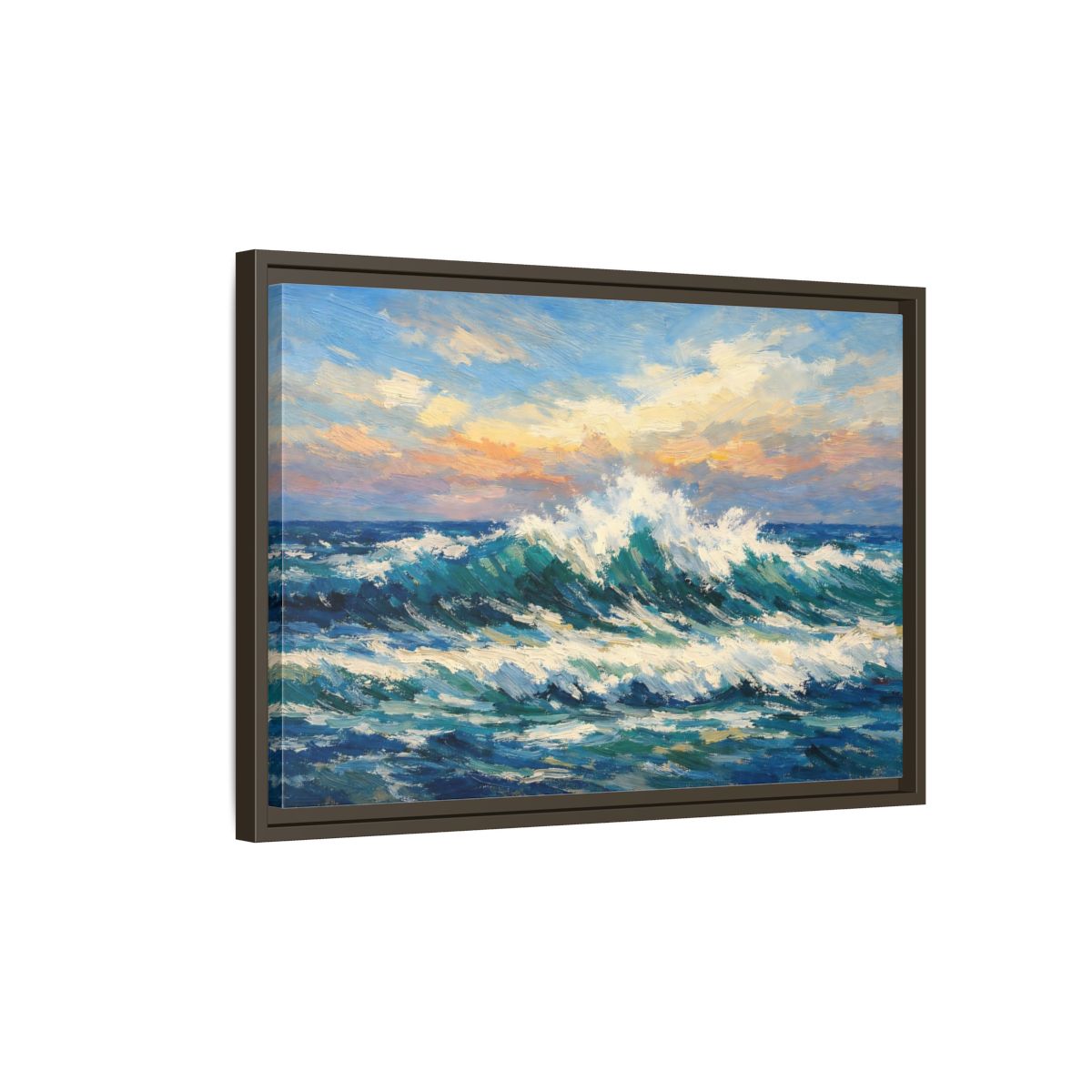 Side Mockup 2. Nature Crashing Wave Blue And Orange shown as stretched canvas wall art