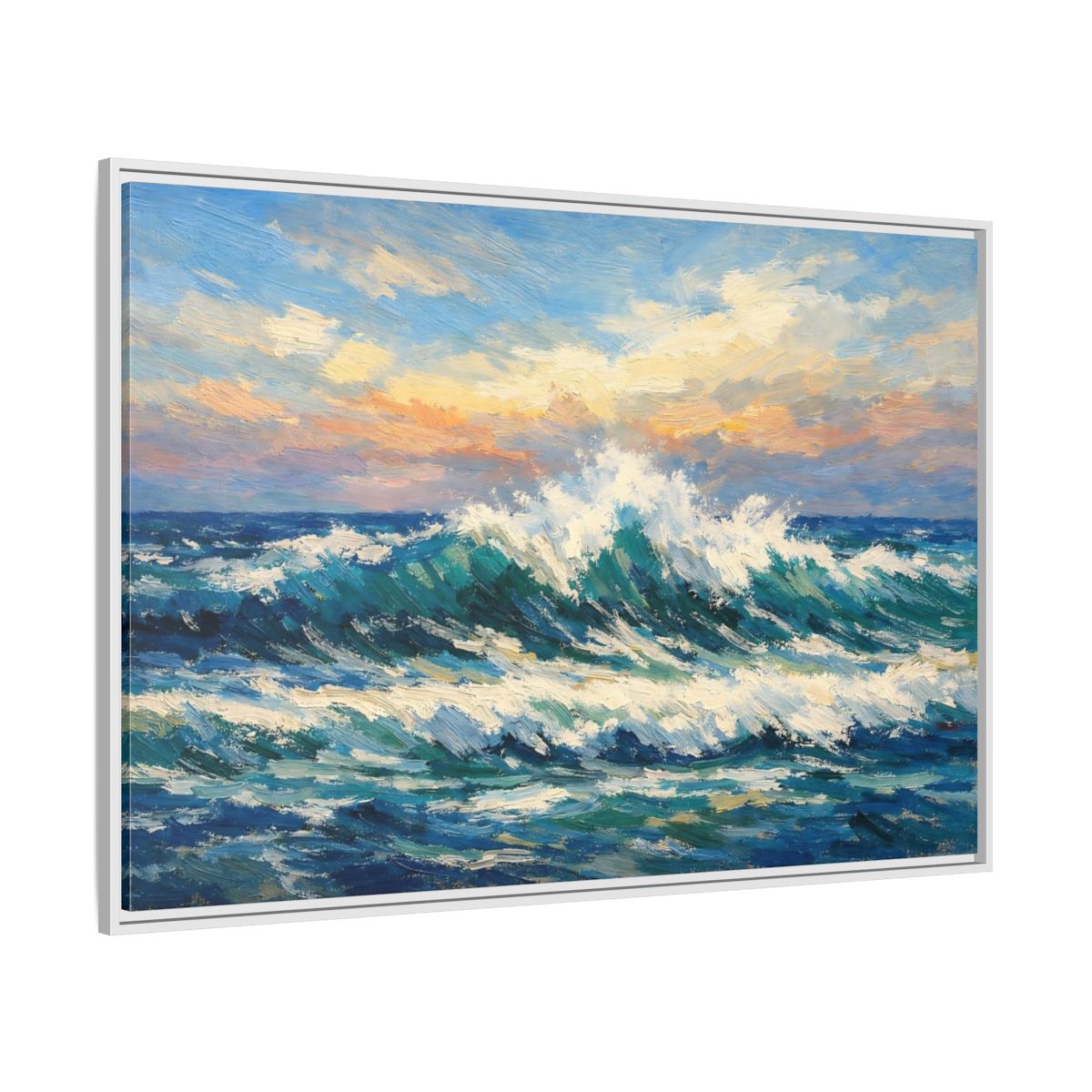 Side Mockup 7. Nature Crashing Wave Blue And Orange shown as stretched canvas wall art
