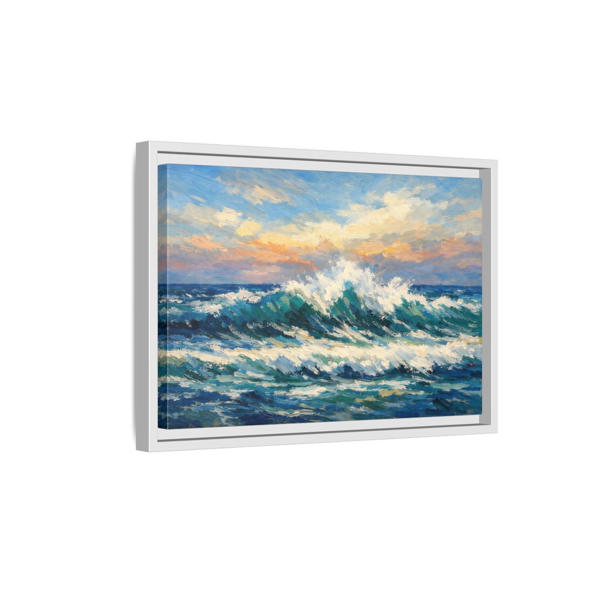 Side Mockup 4. Nature Crashing Wave Blue And Orange shown as stretched canvas wall art