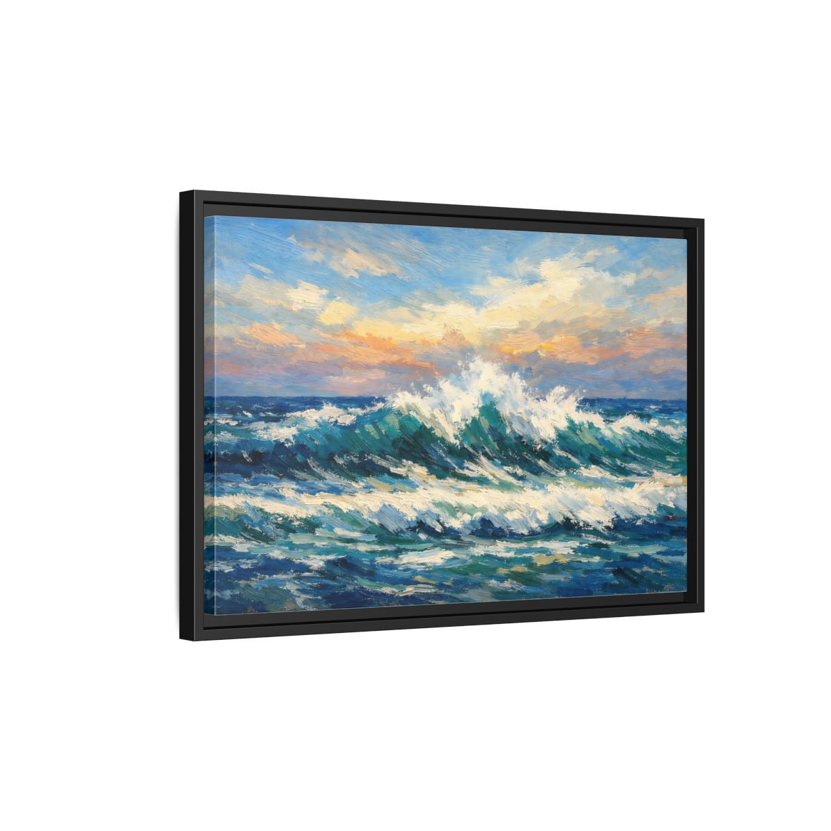 Side Mockup 3. Nature Crashing Wave Blue And Orange shown as stretched canvas wall art