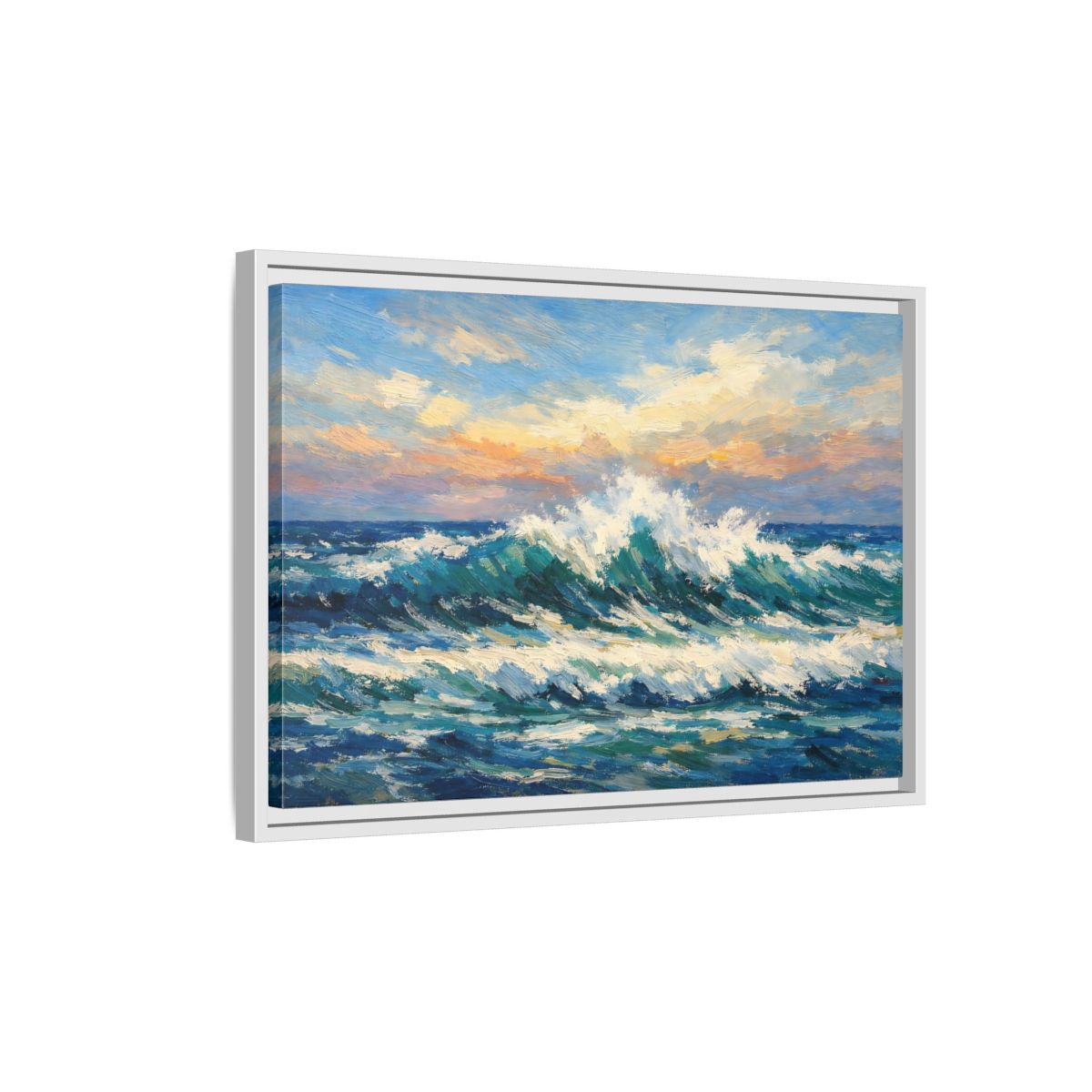 Side Mockup 1. Nature Crashing Wave Blue And Orange shown as stretched canvas wall art