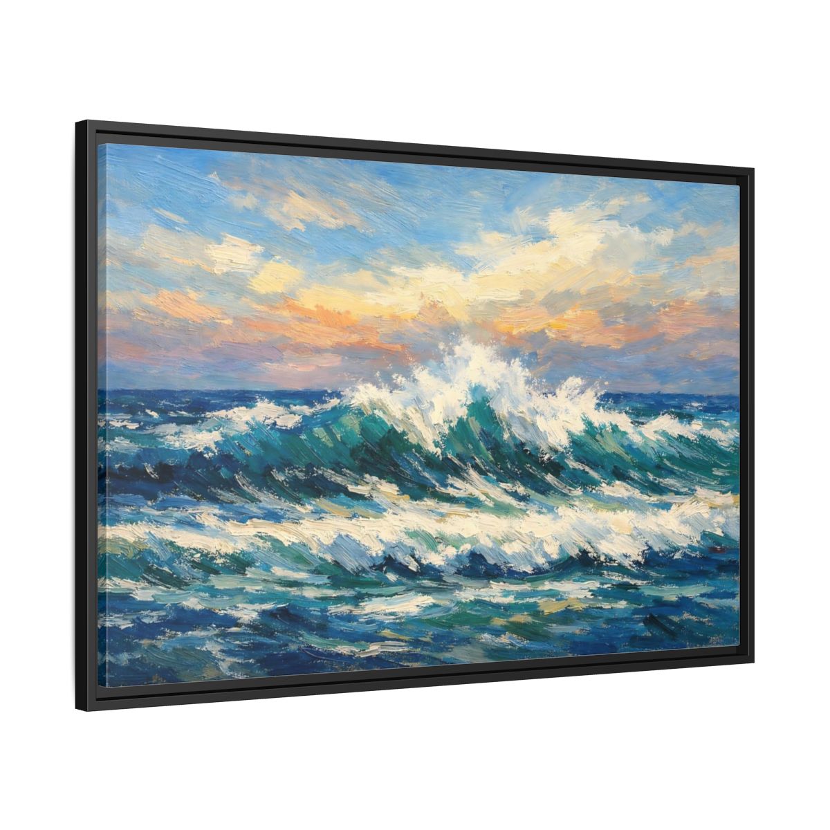 Side Mockup 13. Nature Crashing Wave Blue And Orange shown as stretched canvas wall art