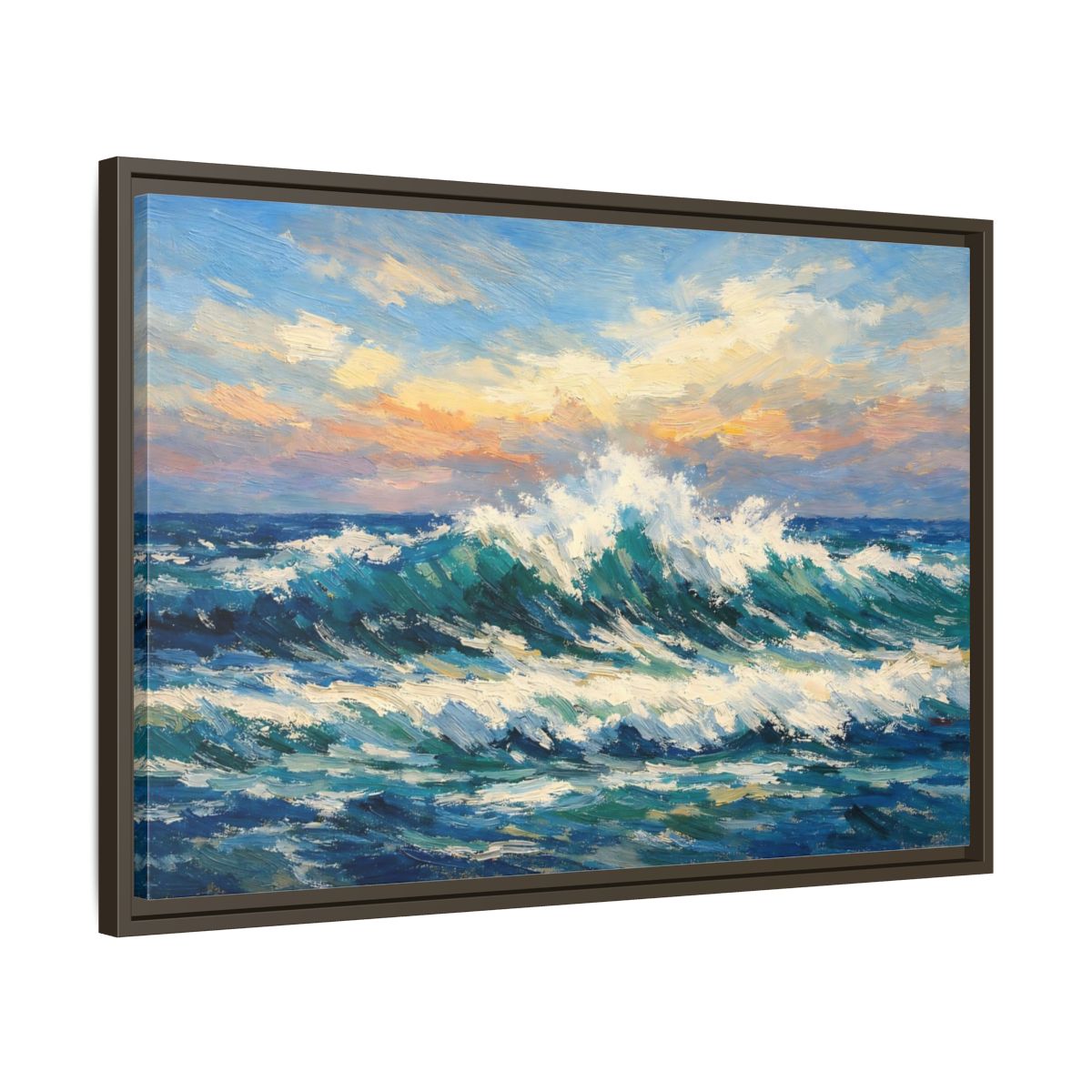 Side Mockup 11. Nature Crashing Wave Blue And Orange shown as stretched canvas wall art