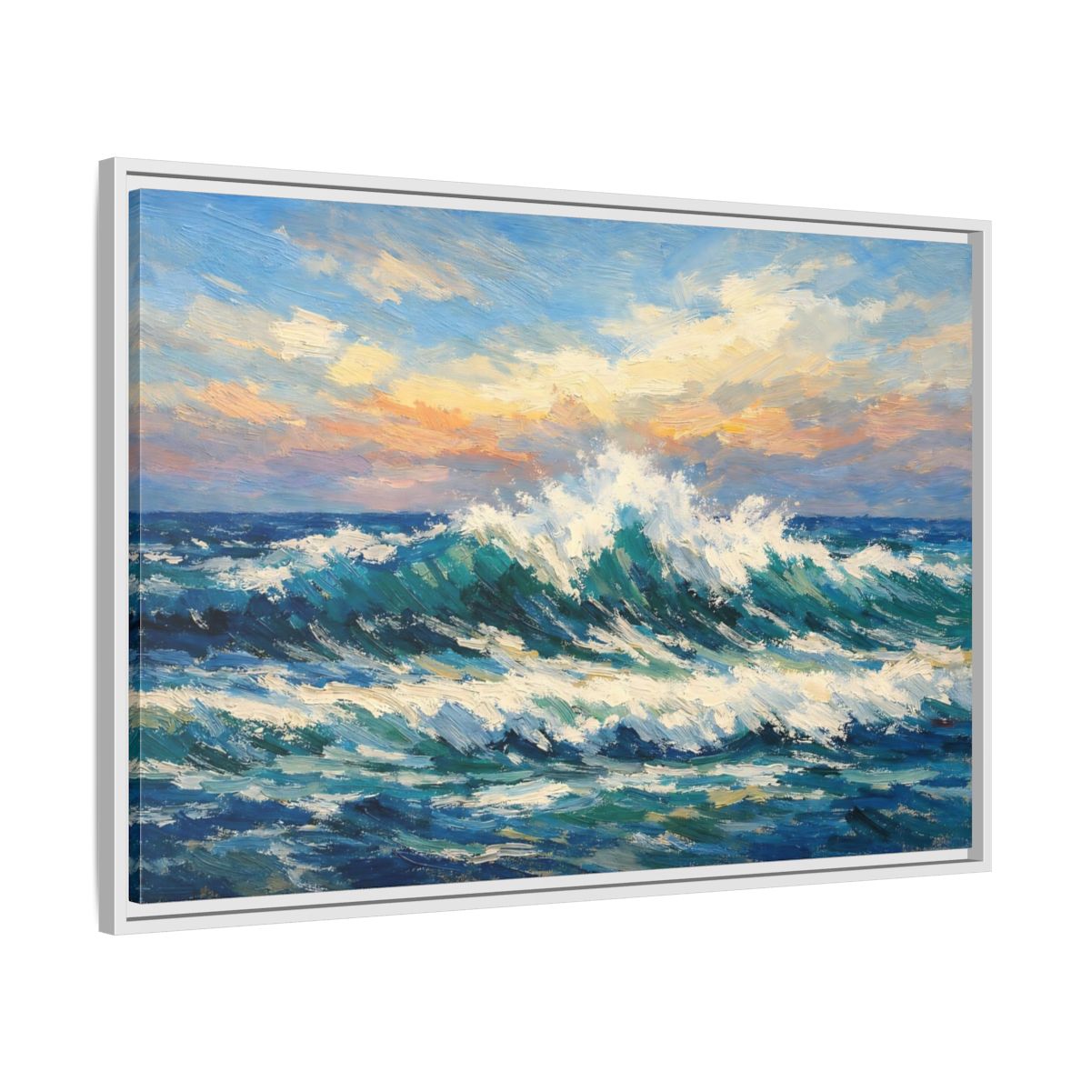 Side Mockup 8. Nature Crashing Wave Blue And Orange shown as stretched canvas wall art