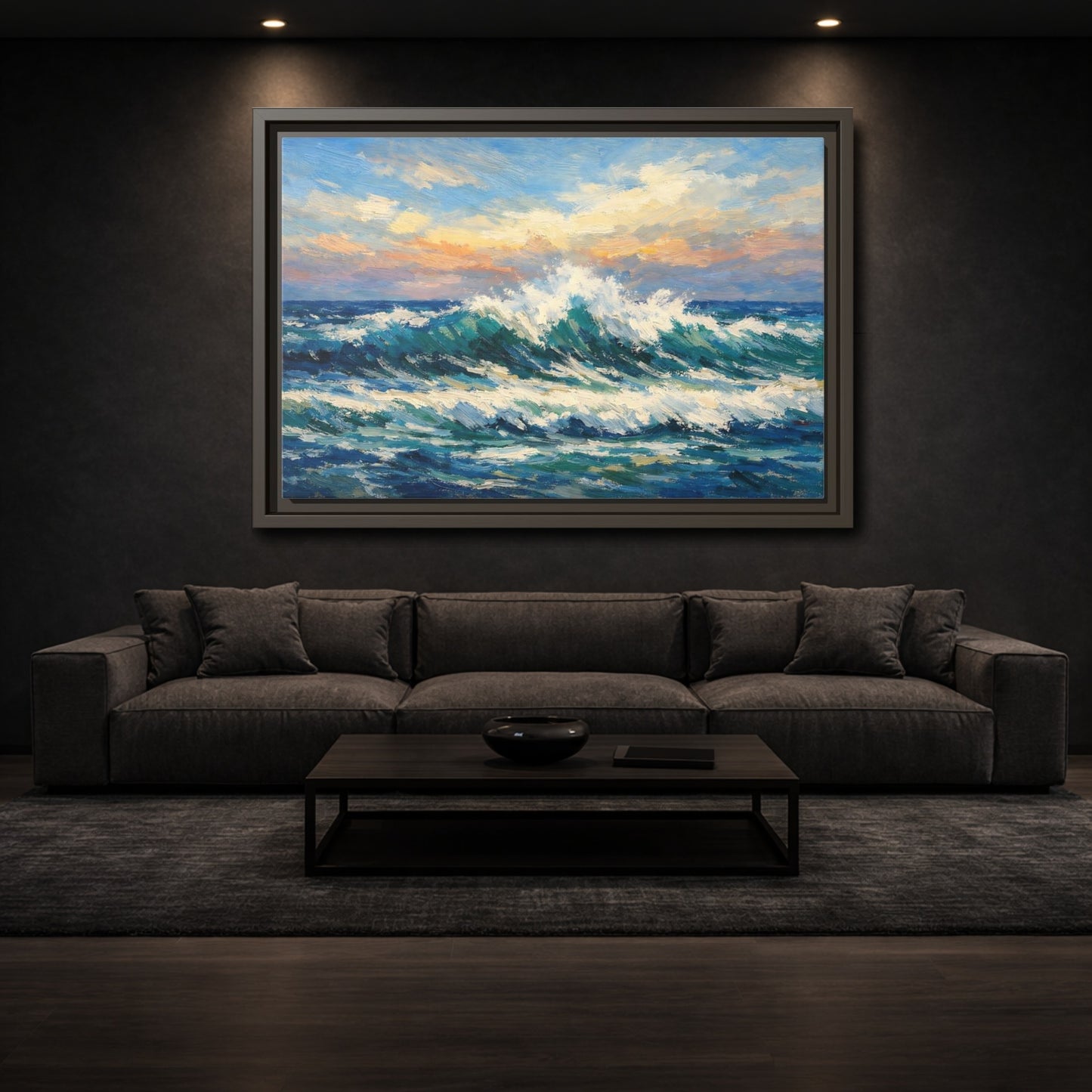 Mockup 2. Nature Crashing Wave Blue And Orange shown as stretched canvas wall art