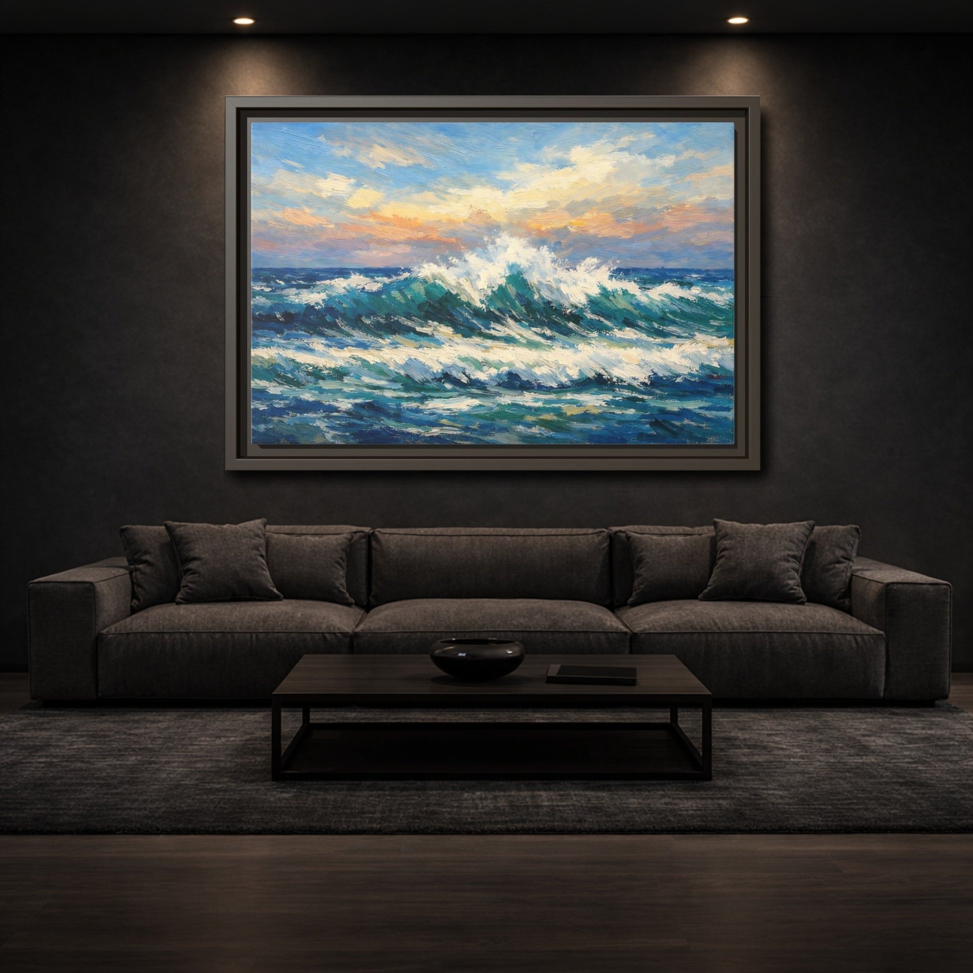 Mockup 2. Nature Crashing Wave Blue And Orange shown as stretched canvas wall art