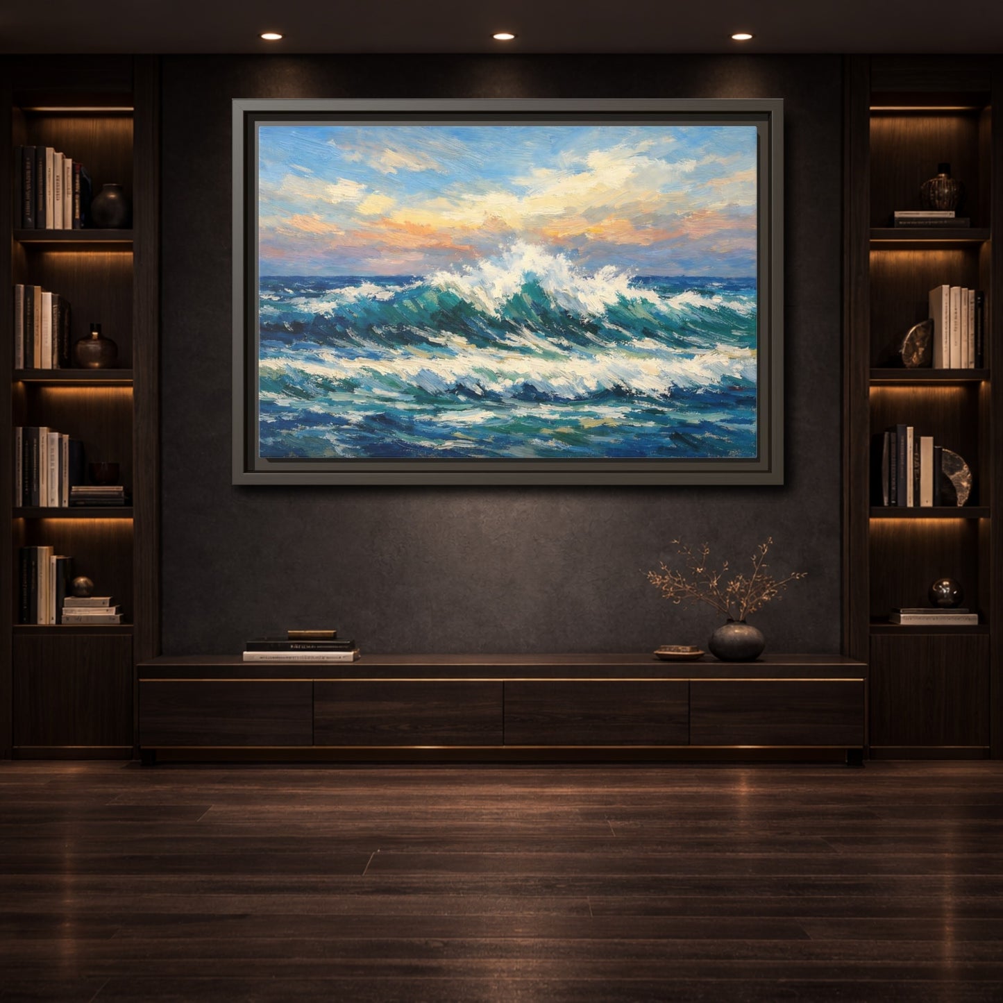 Mockup 3. Nature Crashing Wave Blue And Orange shown as stretched canvas wall art