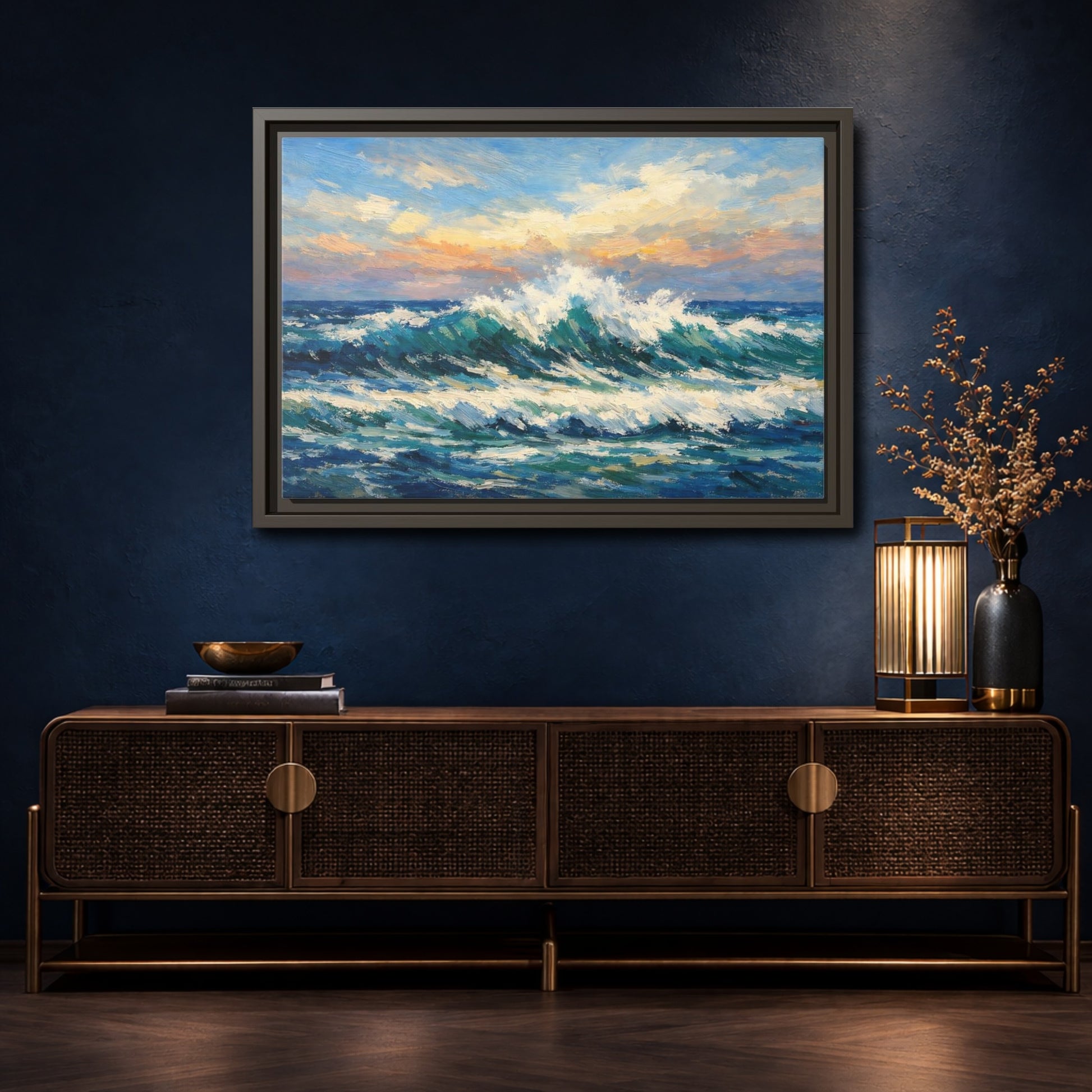 Mockup 4. Nature Crashing Wave Blue And Orange shown as stretched canvas wall art