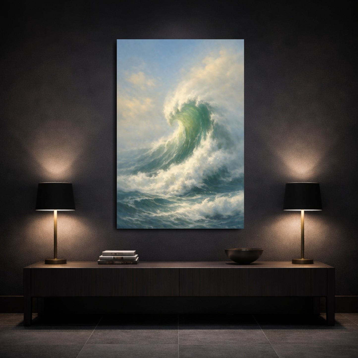Mockup 2. Nature Crashing Wave Blue Green Wave shown as stretched canvas wall art