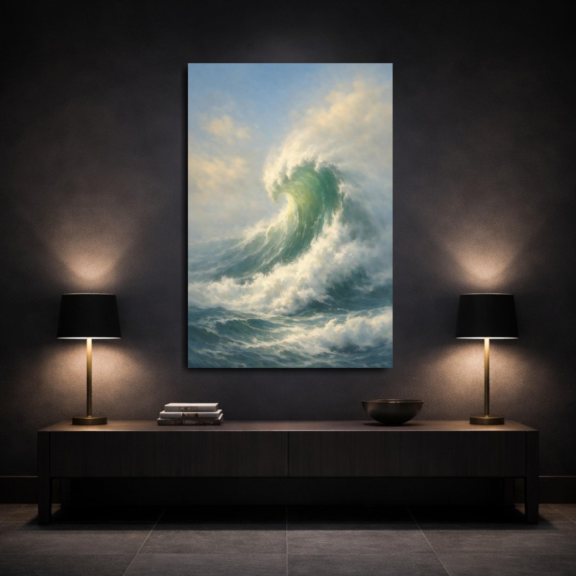 Mockup 2. Nature Crashing Wave Blue Green Wave shown as stretched canvas wall art