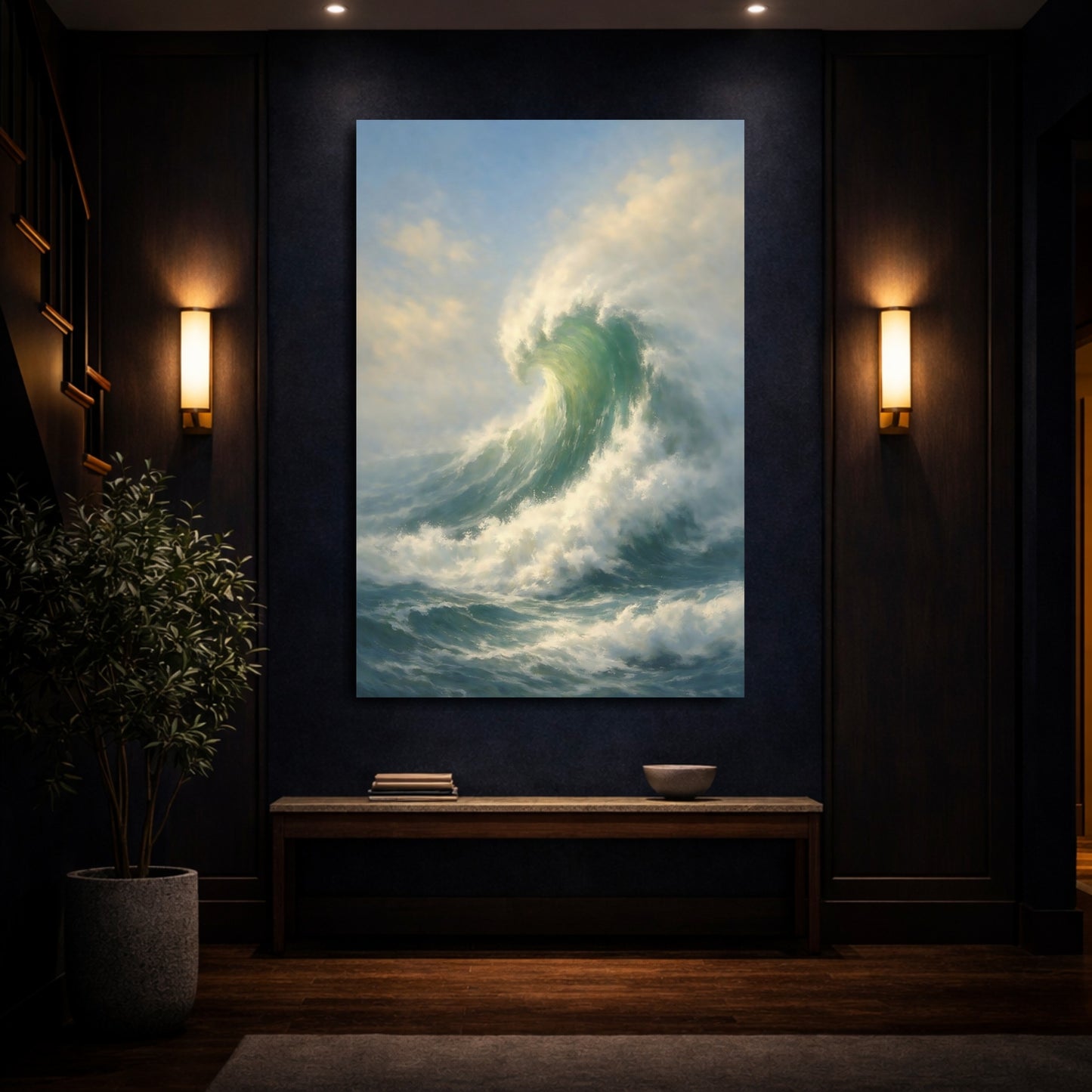 Mockup 3. Nature Crashing Wave Blue Green Wave shown as stretched canvas wall art