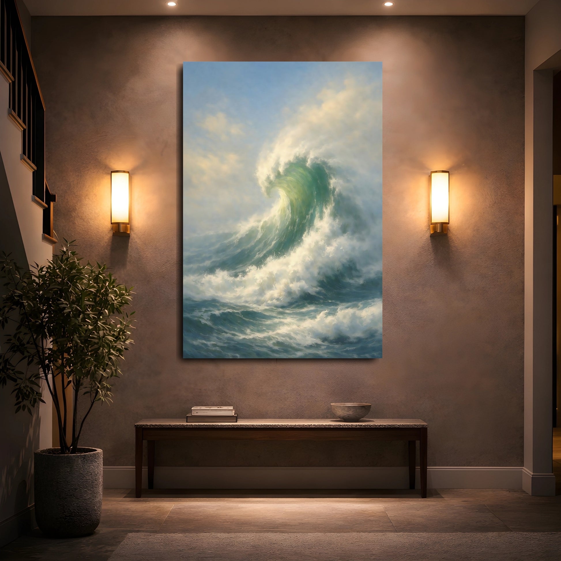 Mockup 4. Nature Crashing Wave Blue Green Wave shown as stretched canvas wall art