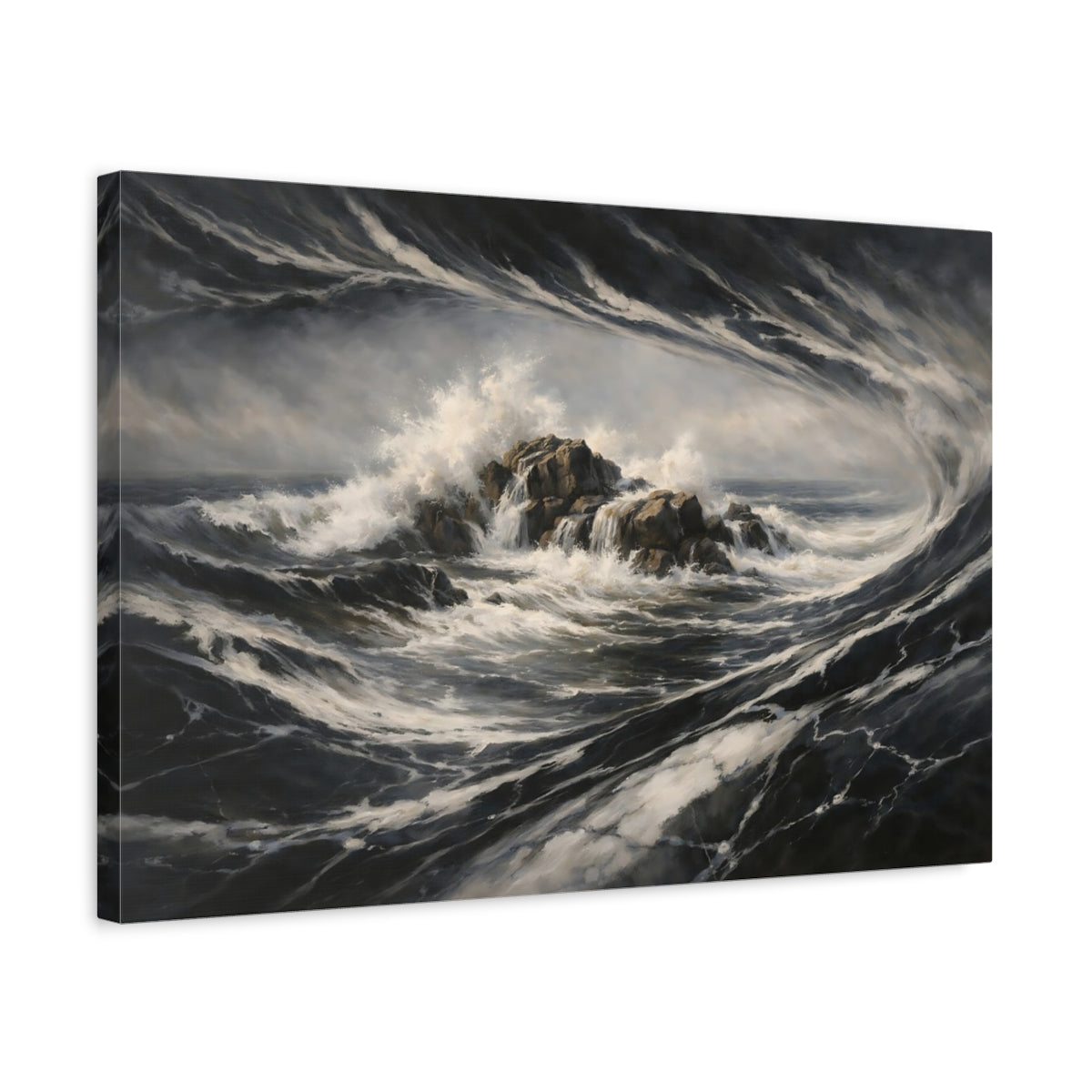 Side Mockup 3. Nature Crashing Waves Dark Ocean Waves shown as stretched canvas wall art