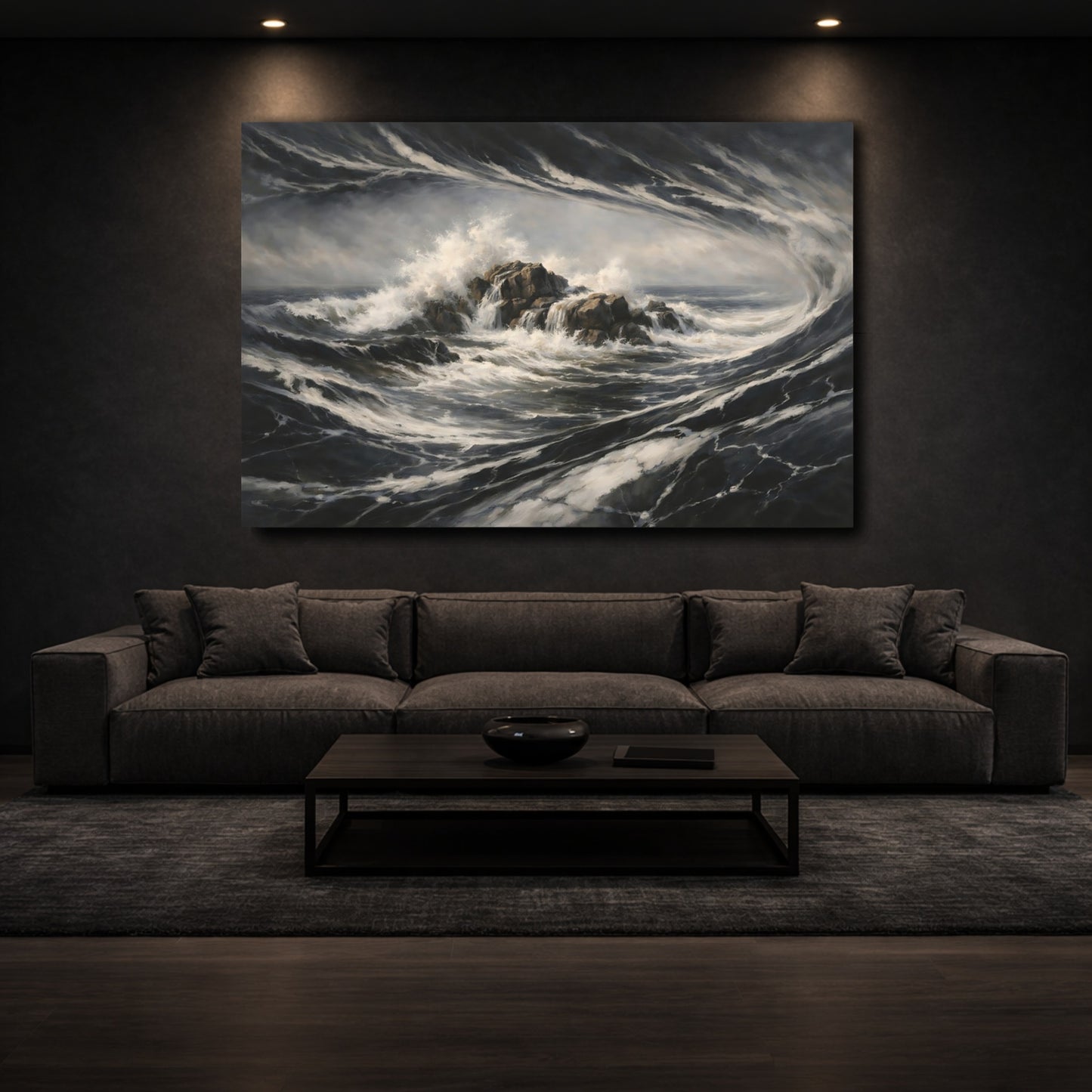 Mockup 2. Nature Crashing Waves Dark Ocean Waves shown as stretched canvas wall art