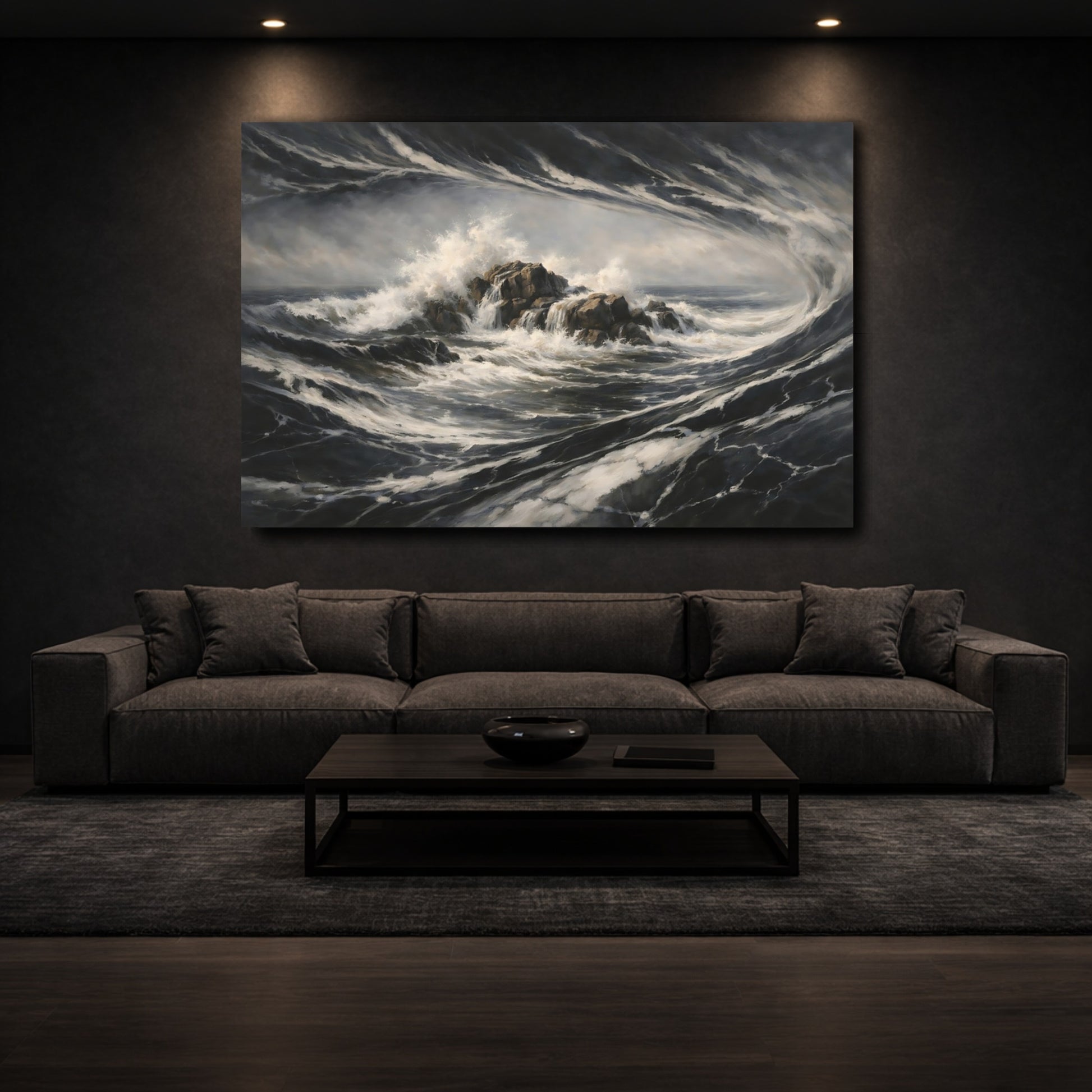 Mockup 2. Nature Crashing Waves Dark Ocean Waves shown as stretched canvas wall art