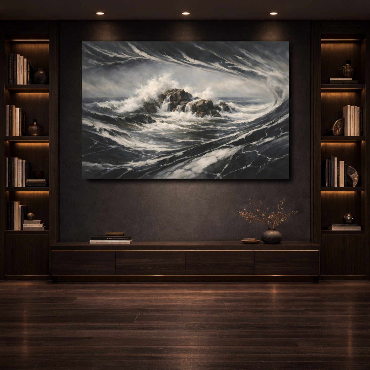 Mockup 3. Nature Crashing Waves Dark Ocean Waves shown as stretched canvas wall art