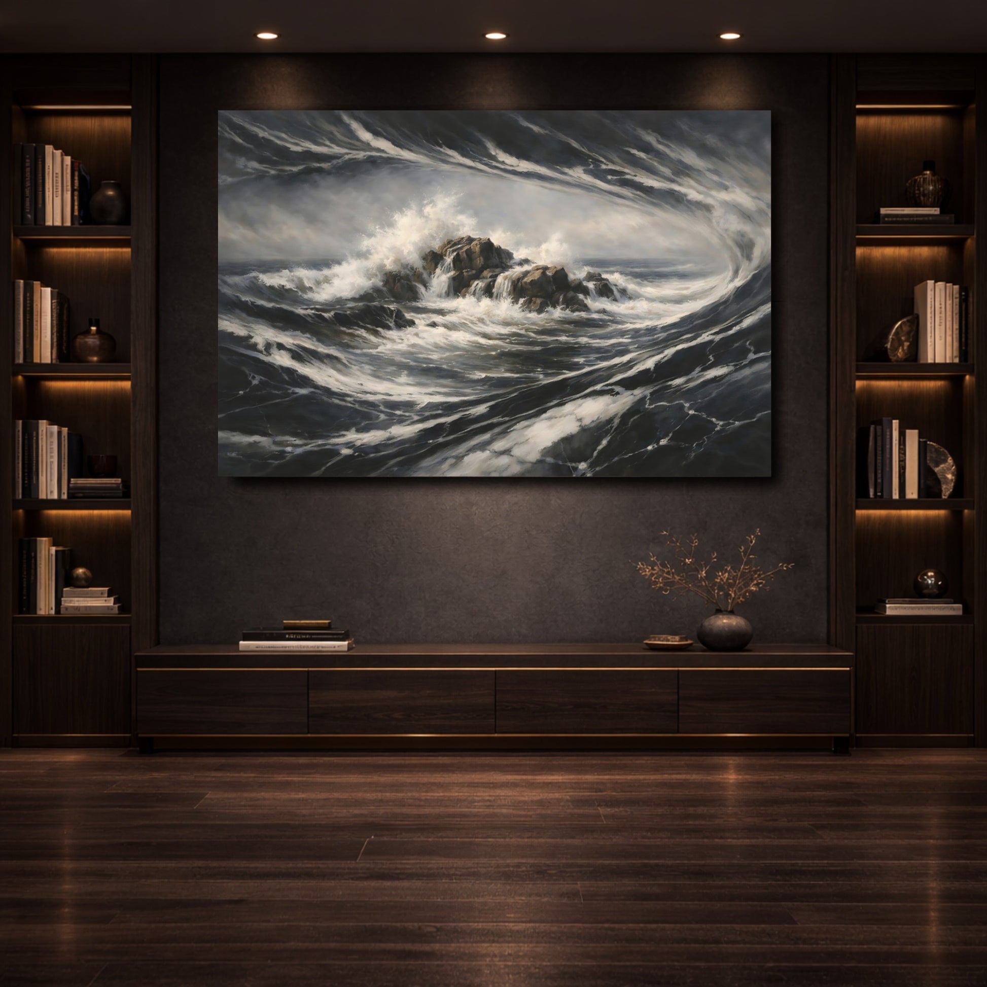 Mockup 3. Nature Crashing Waves Dark Ocean Waves shown as stretched canvas wall art