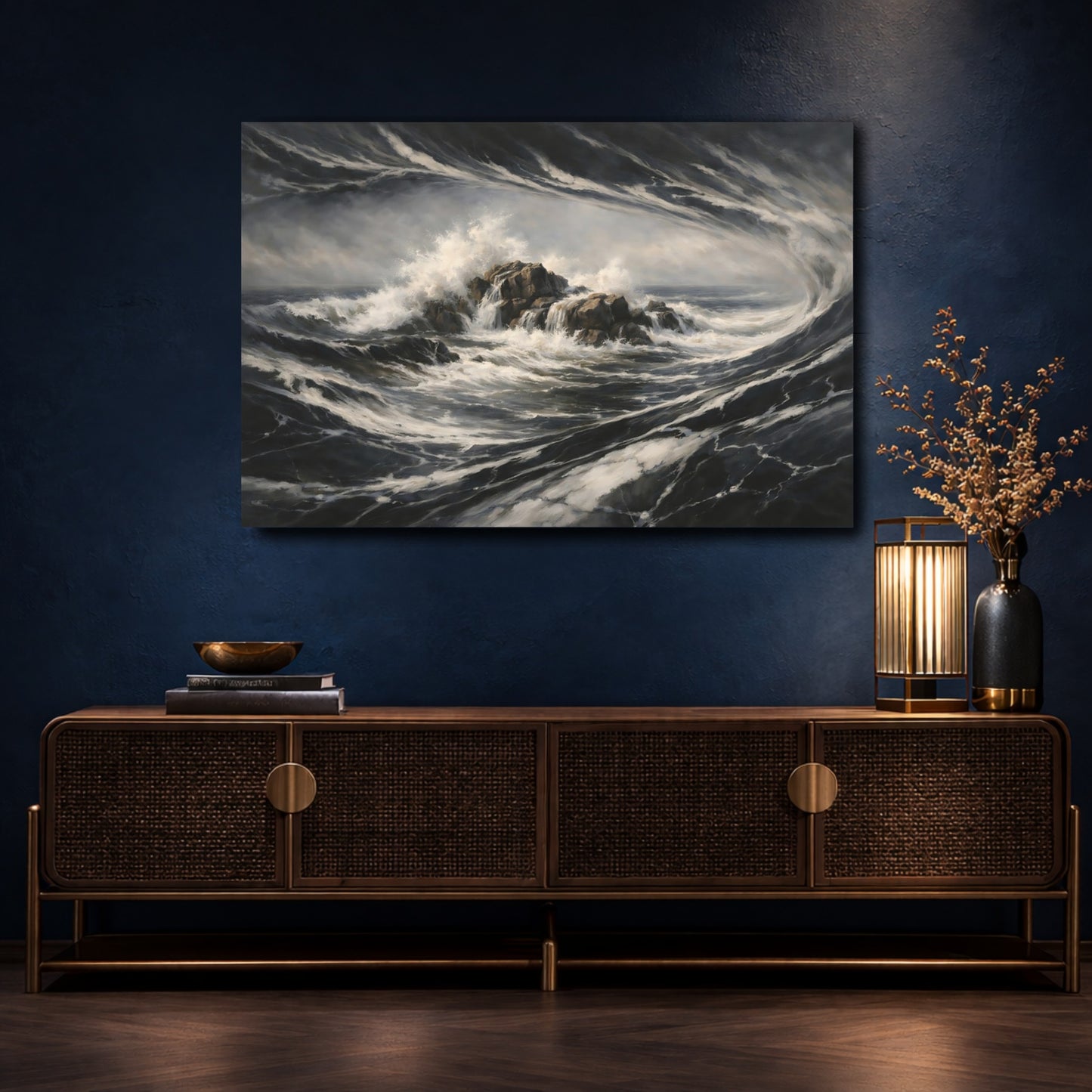 Mockup 4. Nature Crashing Waves Dark Ocean Waves shown as stretched canvas wall art