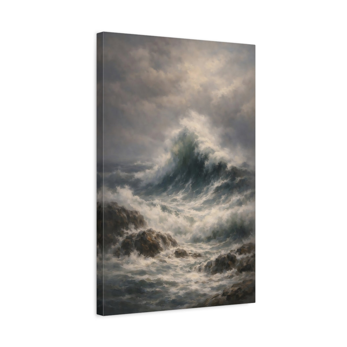 Side Mockup 3. Nature Crashing Waves Stormy Ocean Waves shown as stretched canvas wall art