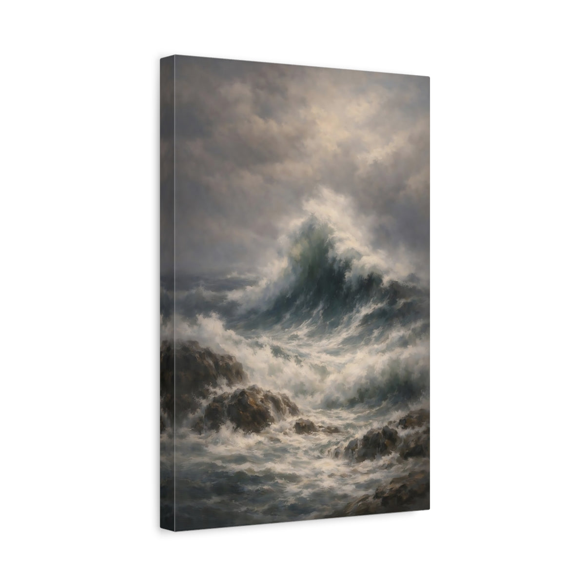 Side Mockup 4. Nature Crashing Waves Stormy Ocean Waves shown as stretched canvas wall art