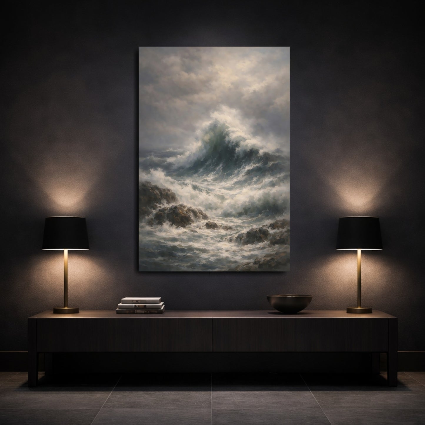 Mockup 2. Nature Crashing Waves Stormy Ocean Waves shown as stretched canvas wall art