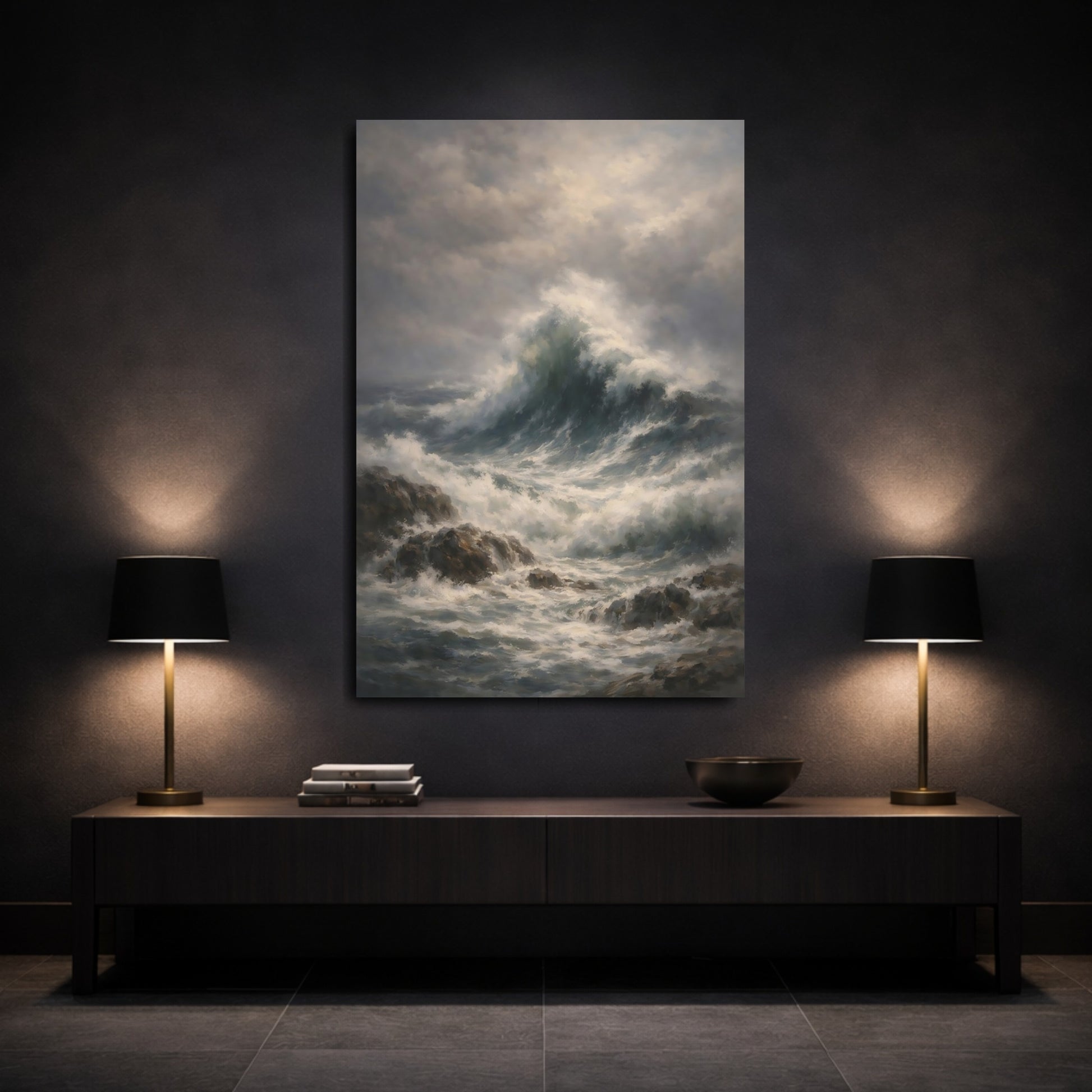 Mockup 2. Nature Crashing Waves Stormy Ocean Waves shown as stretched canvas wall art