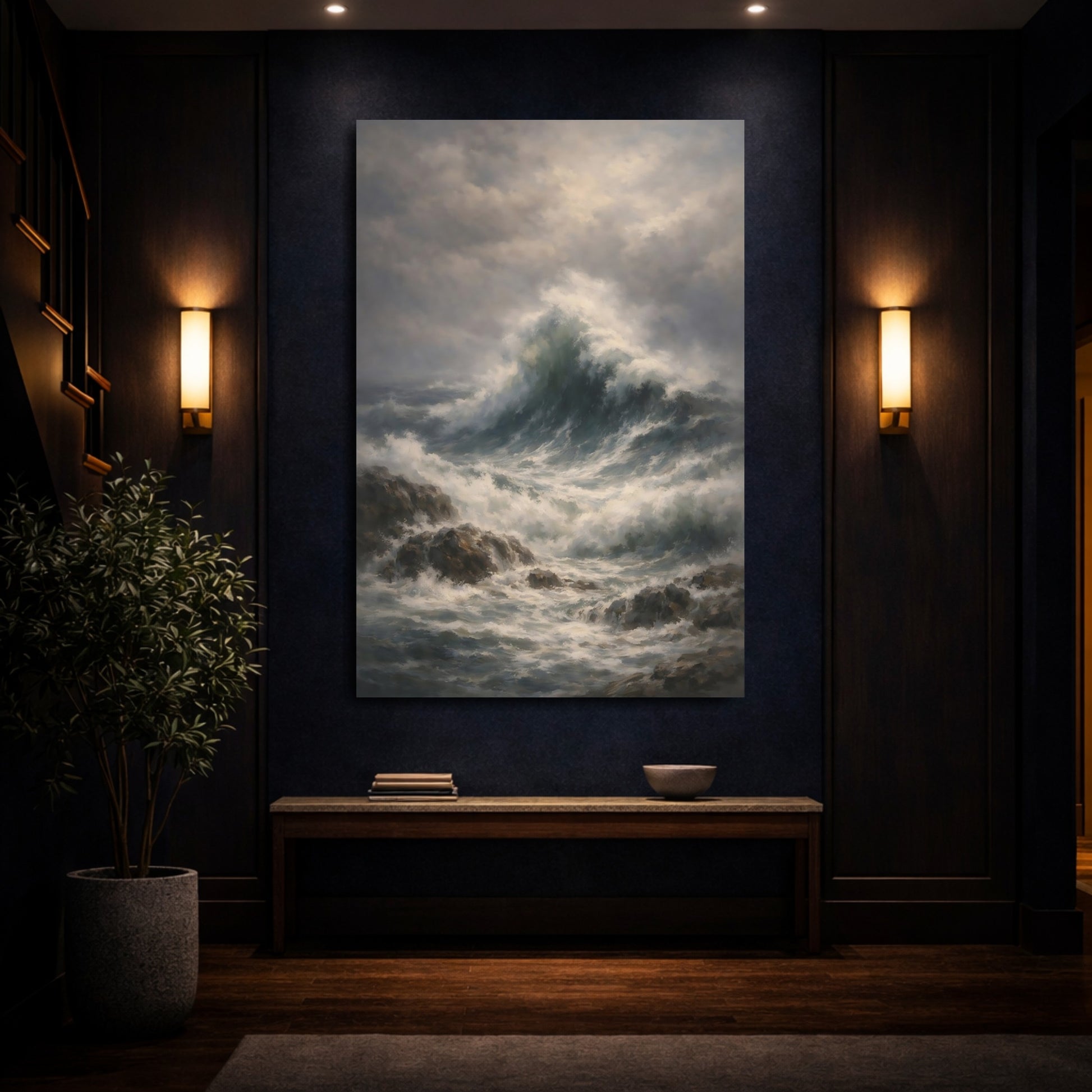 Mockup 3. Nature Crashing Waves Stormy Ocean Waves shown as stretched canvas wall art