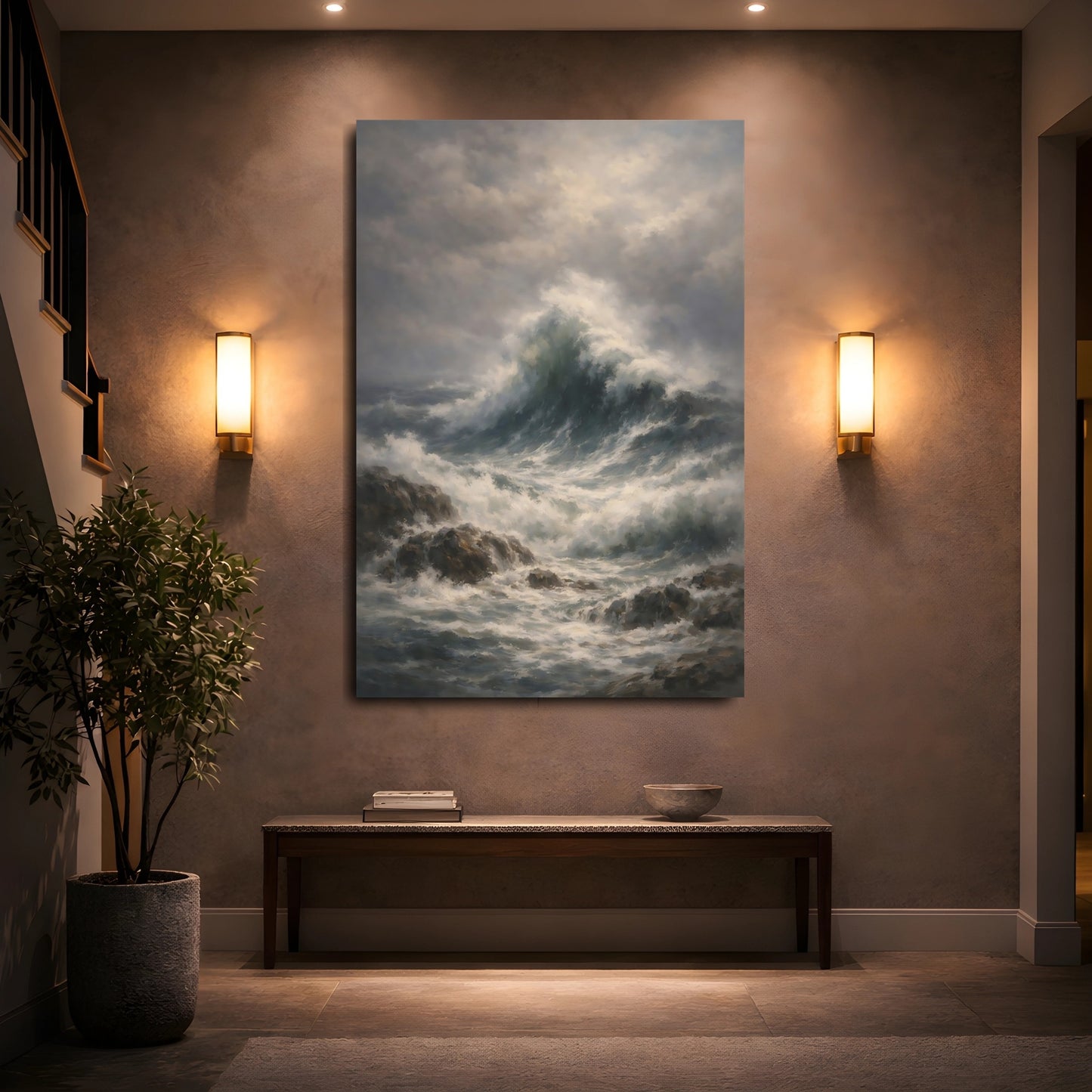 Mockup 4. Nature Crashing Waves Stormy Ocean Waves shown as stretched canvas wall art