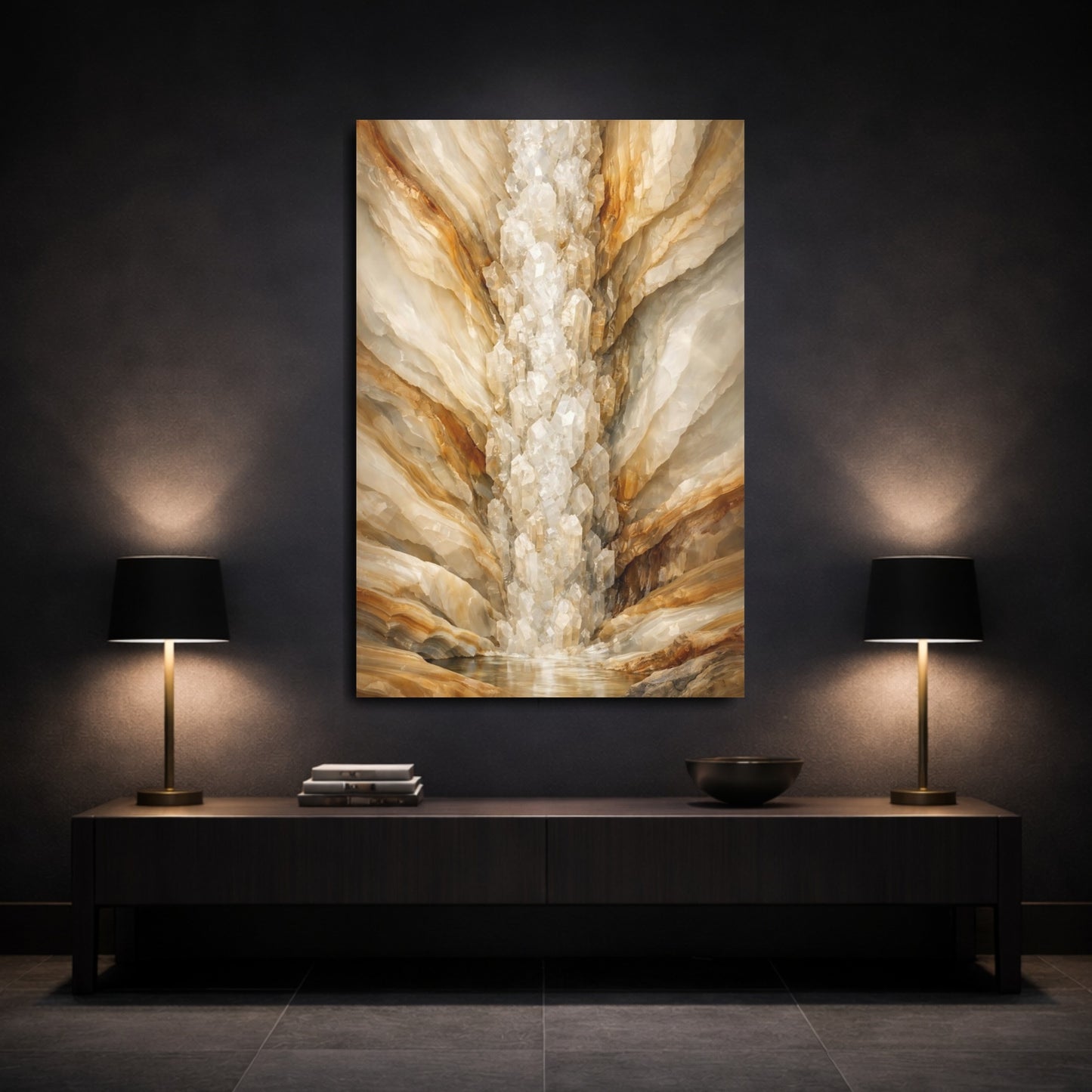Mockup 2. Nature Crystal Cavern Brown Beige Crystal shown as stretched canvas wall art