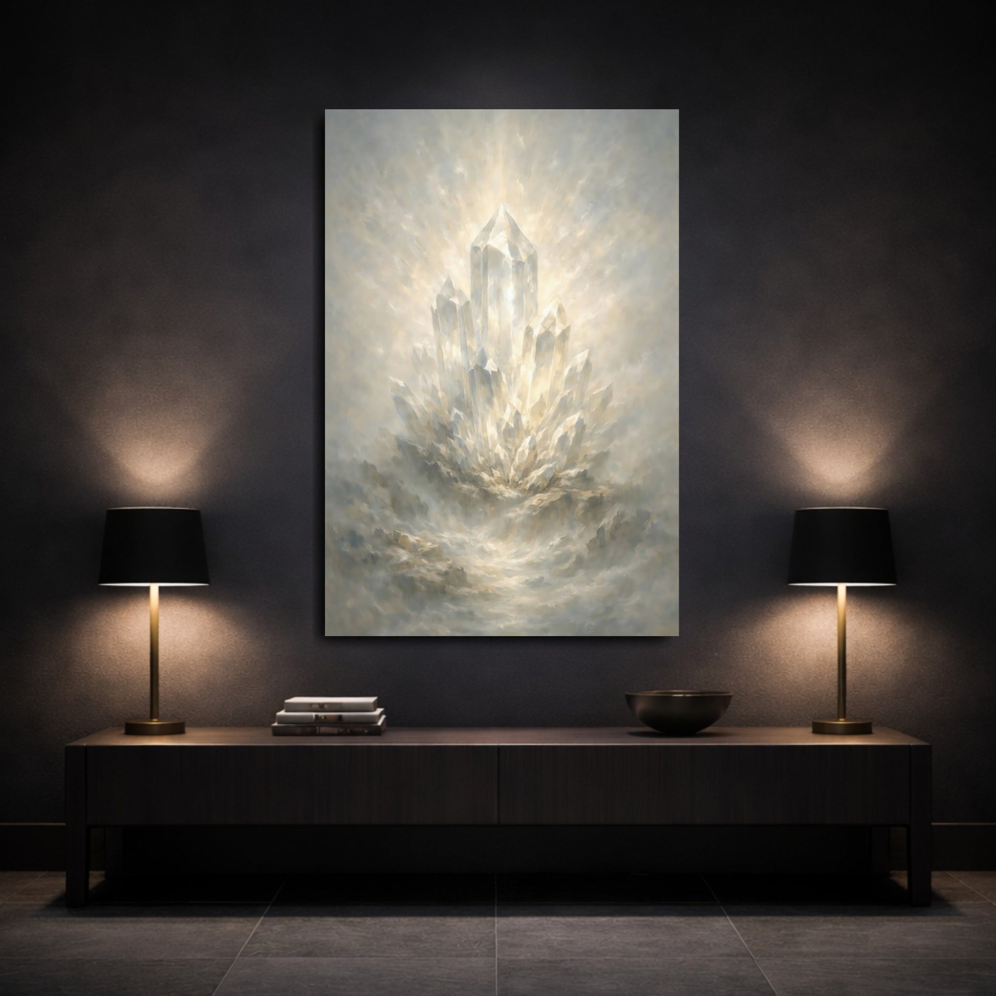Mockup 2. Nature Crystal Cluster White Gold Crystal shown as stretched canvas wall art