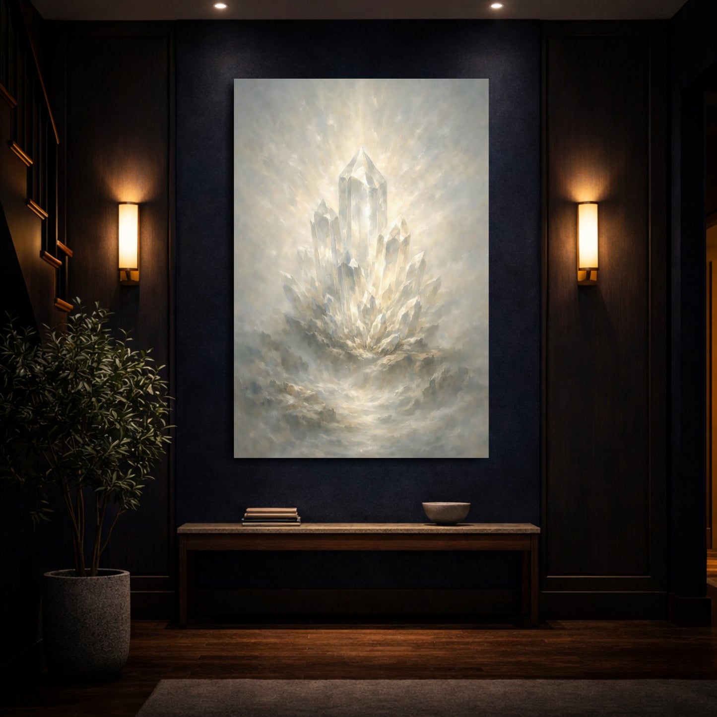 Mockup 3. Nature Crystal Cluster White Gold Crystal shown as stretched canvas wall art