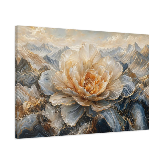 Main Mockup. Nature Crystal Flower Gold And Blue shown as stretched canvas wall art