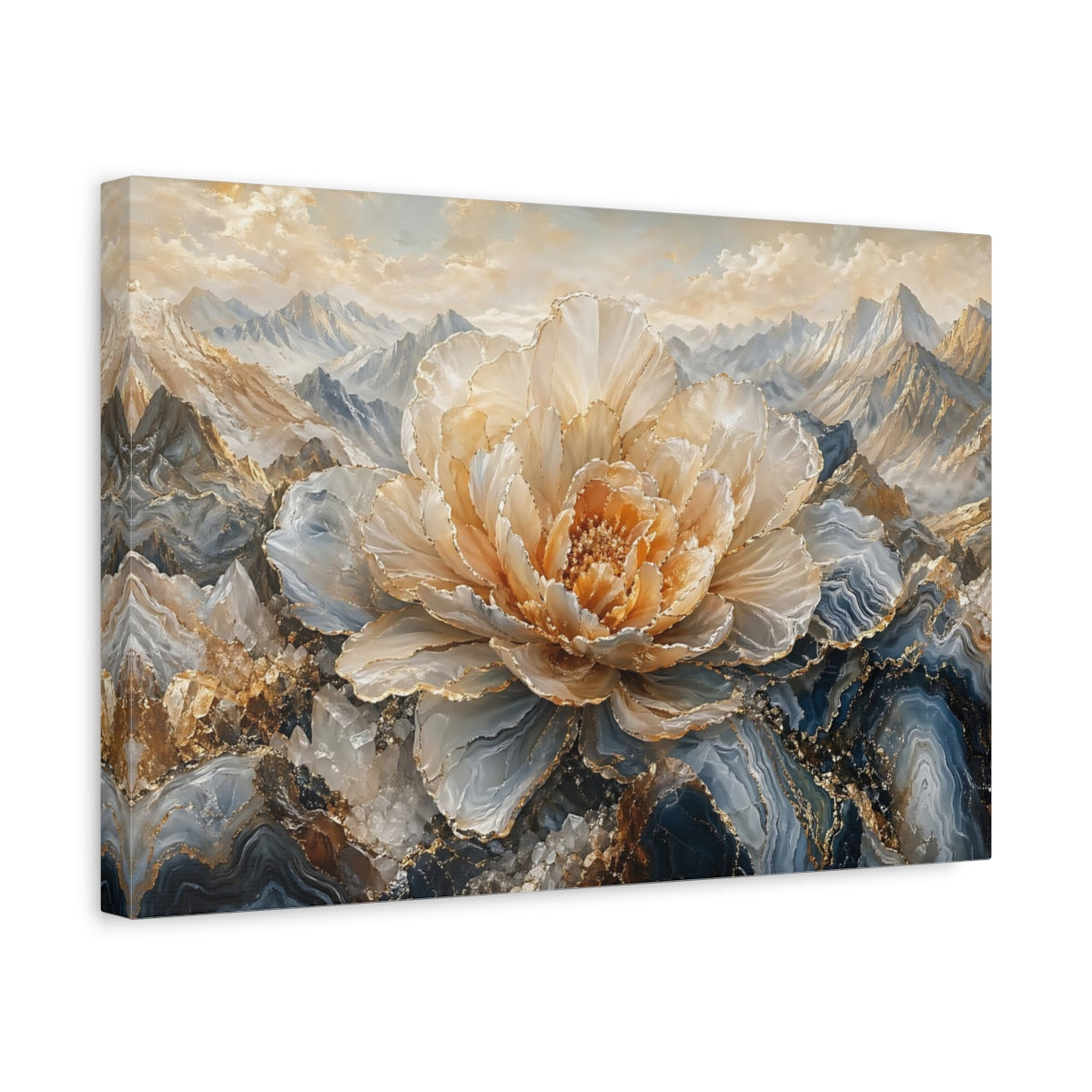 Side Mockup 4. Nature Crystal Flower Gold And Blue shown as stretched canvas wall art