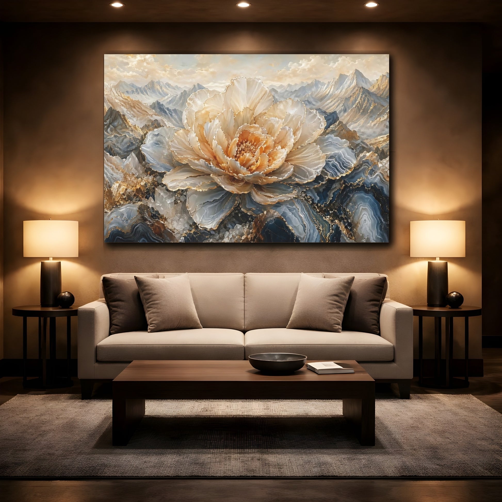Mockup 2. Nature Crystal Flower Gold And Blue shown as stretched canvas wall art