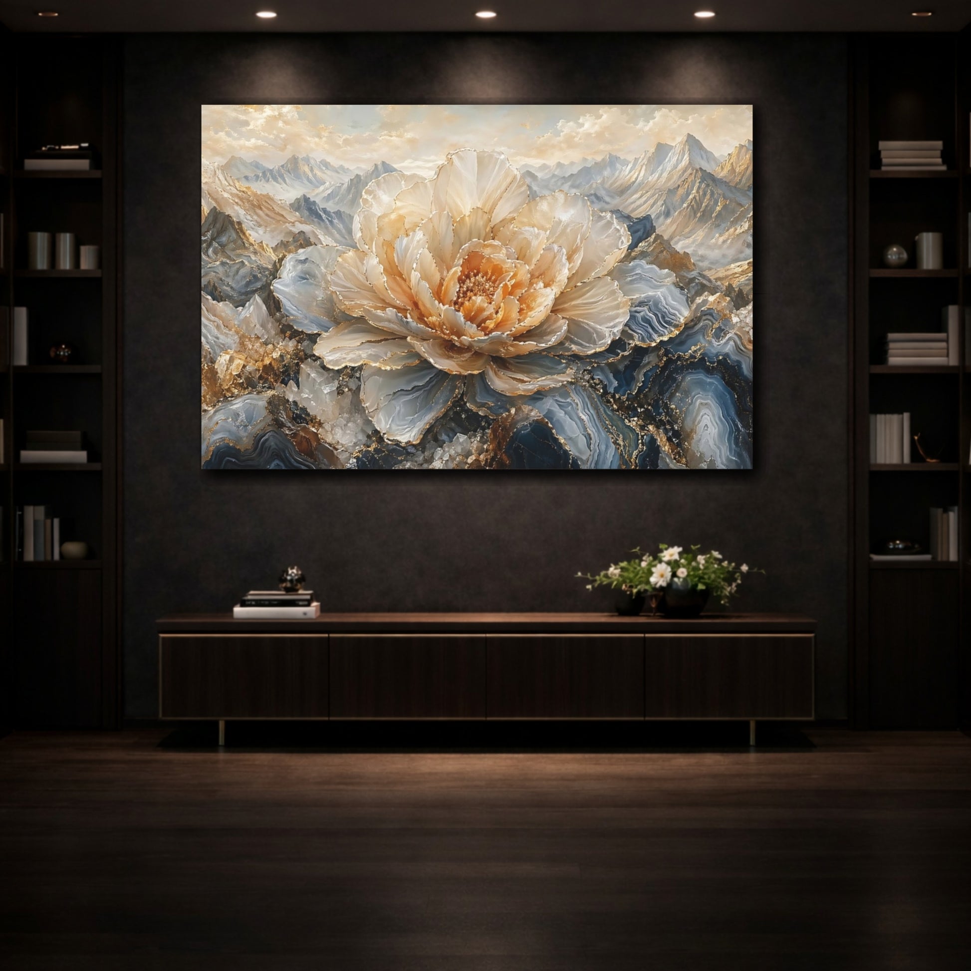 Mockup 3. Nature Crystal Flower Gold And Blue shown as stretched canvas wall art