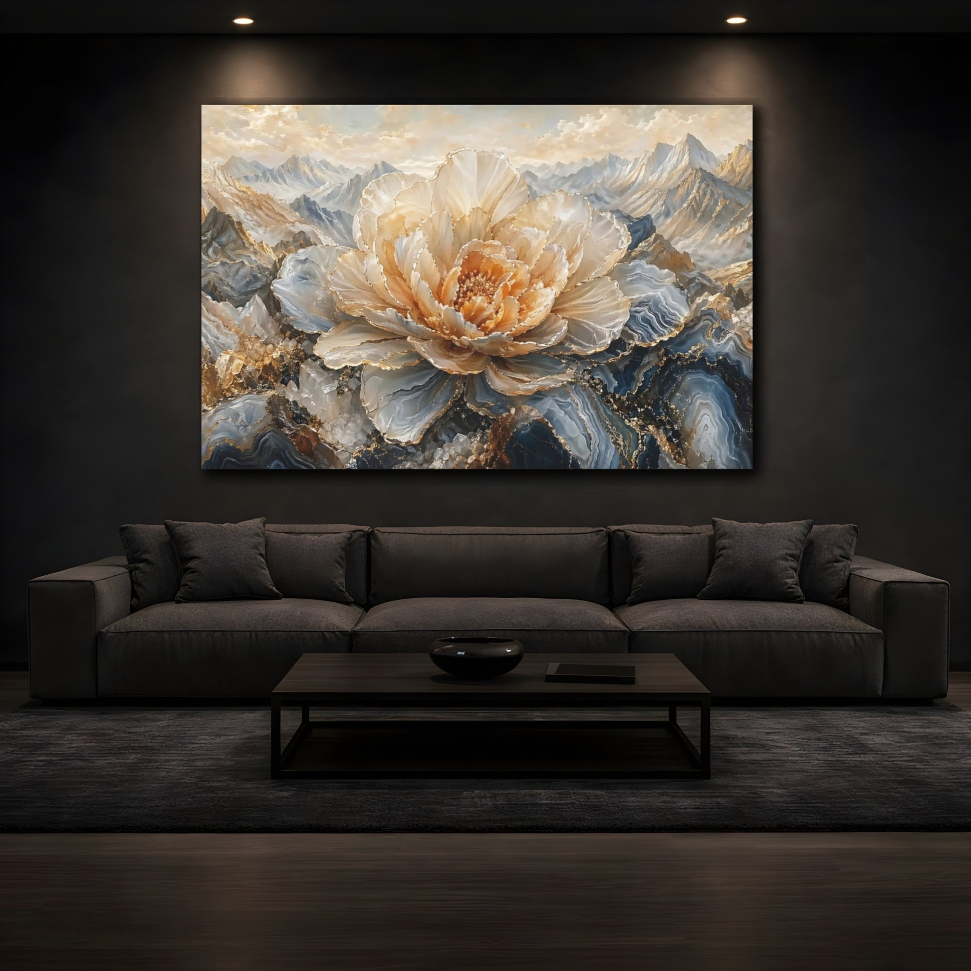 Mockup 4. Nature Crystal Flower Gold And Blue shown as stretched canvas wall art