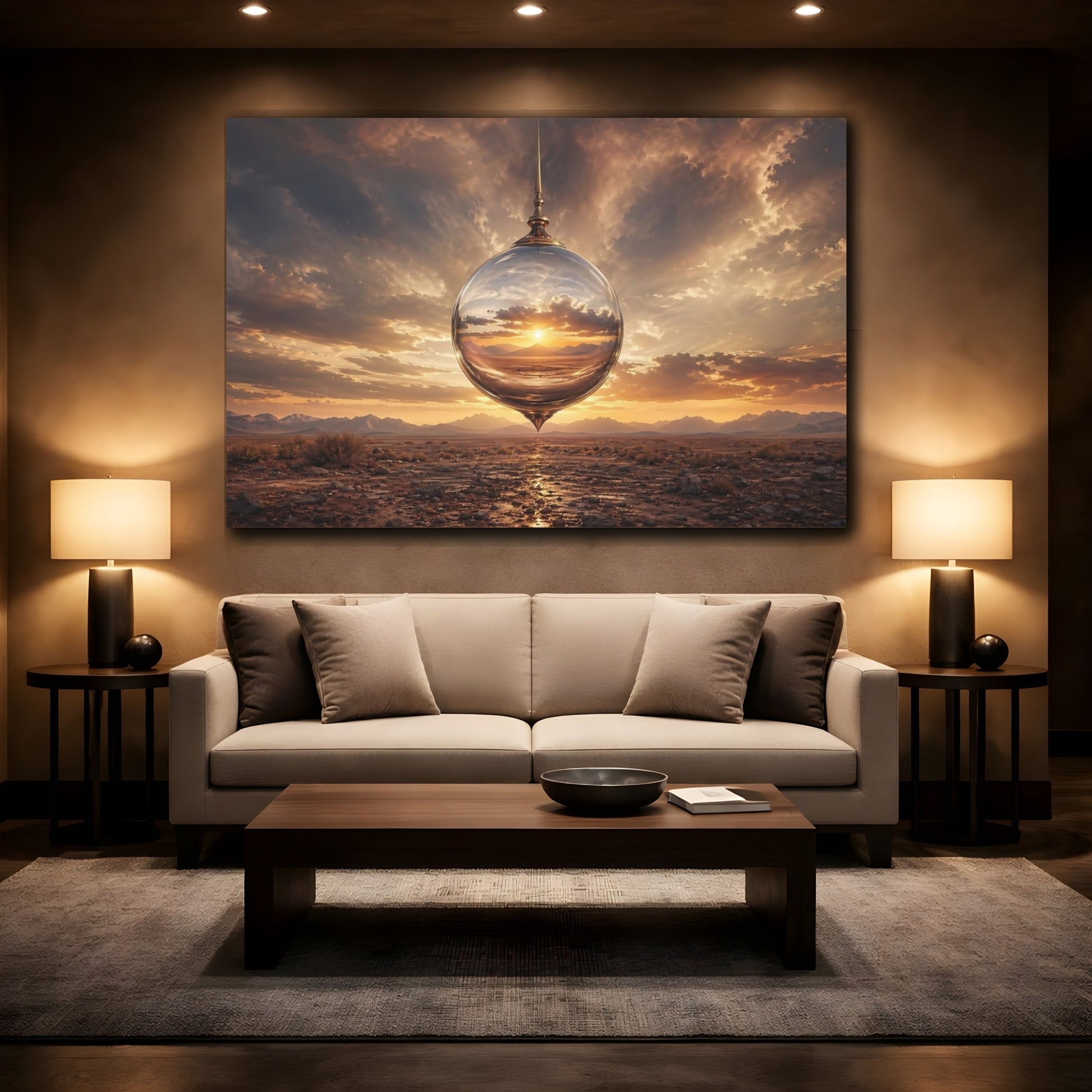 Mockup 2. Nature Crystal Orb Sunset Orange Sky Orb shown as stretched canvas wall art