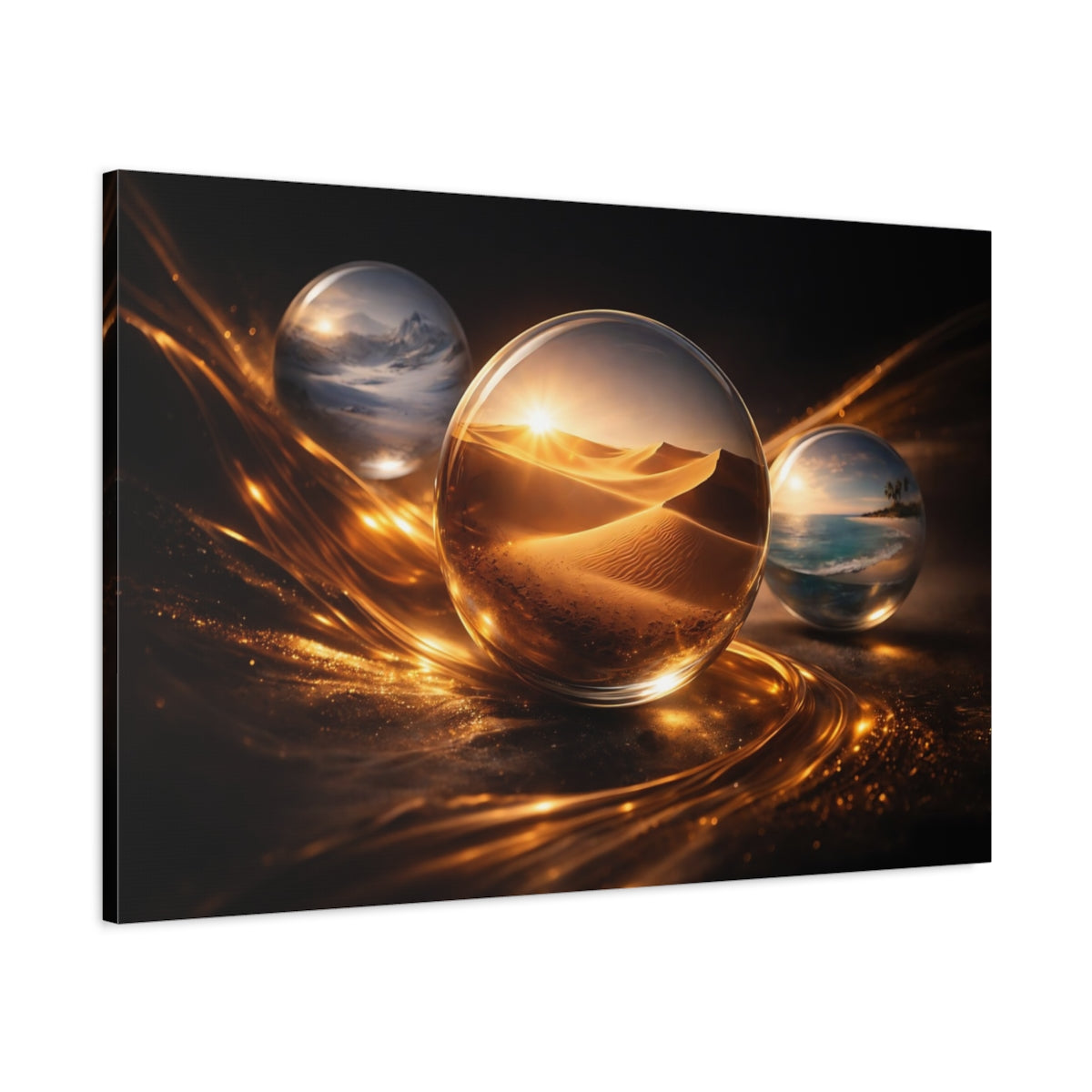 Main Mockup. Nature Crystal Orbs Golden Black shown as stretched canvas wall art