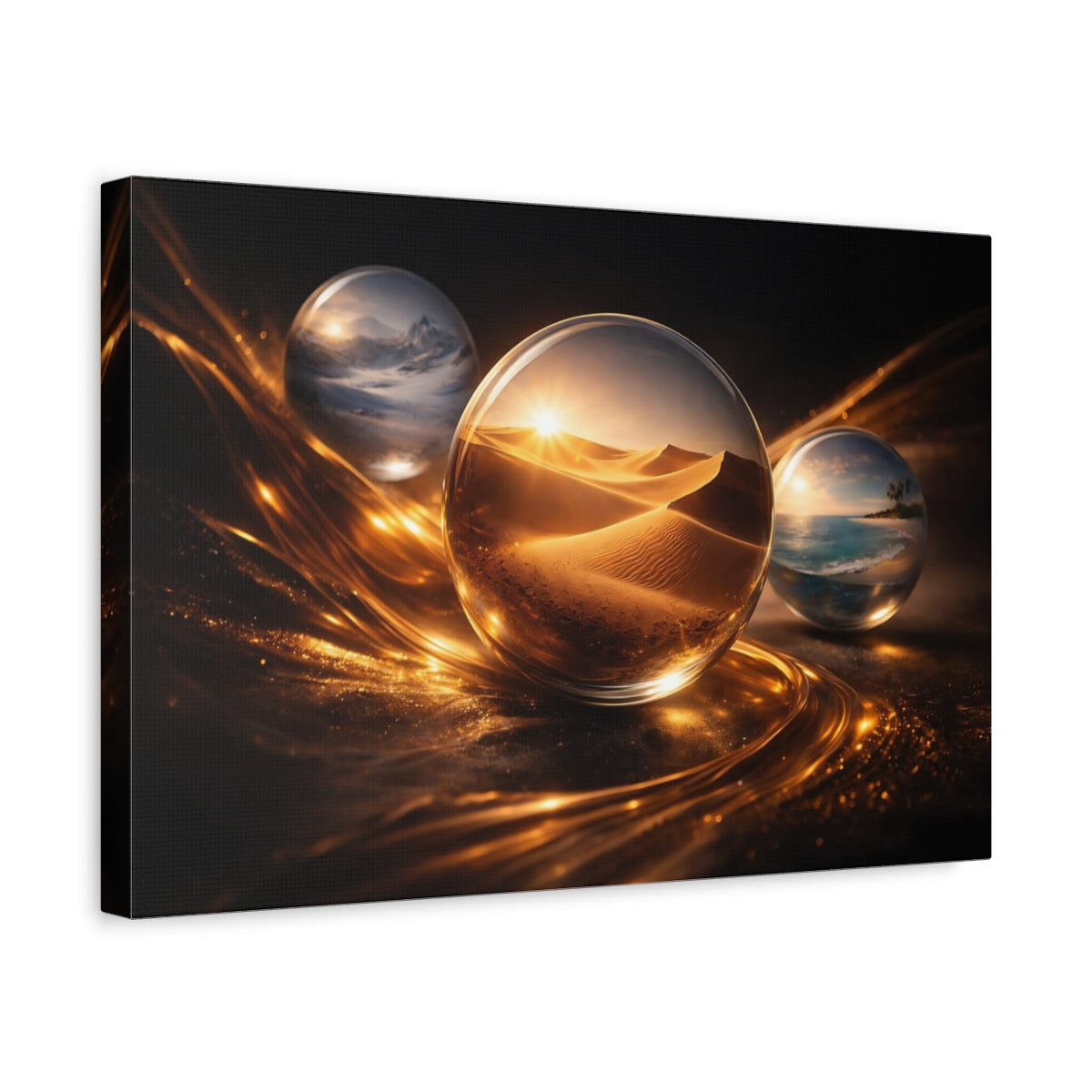 Side Mockup 4. Nature Crystal Orbs Golden Black shown as stretched canvas wall art