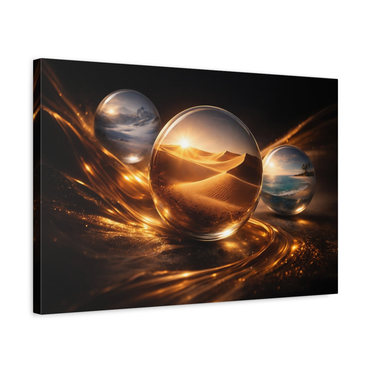 Side Mockup 3. Nature Crystal Orbs Golden Black shown as stretched canvas wall art