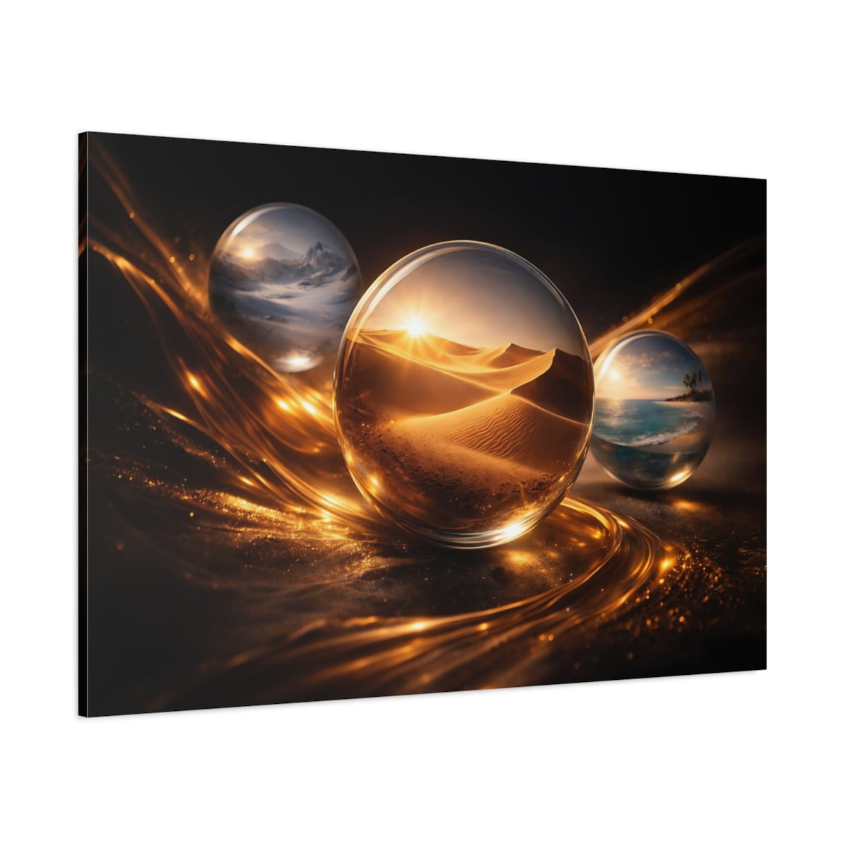 Side Mockup 1. Nature Crystal Orbs Golden Black shown as stretched canvas wall art