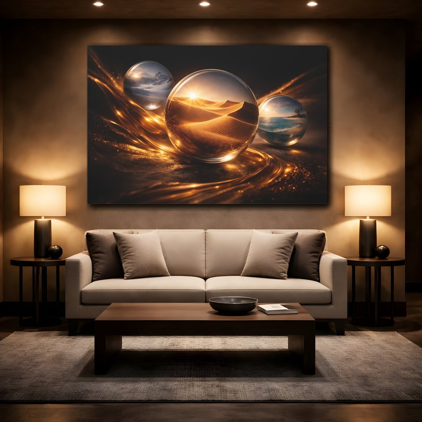 Mockup 2. Nature Crystal Orbs Golden Black shown as stretched canvas wall art