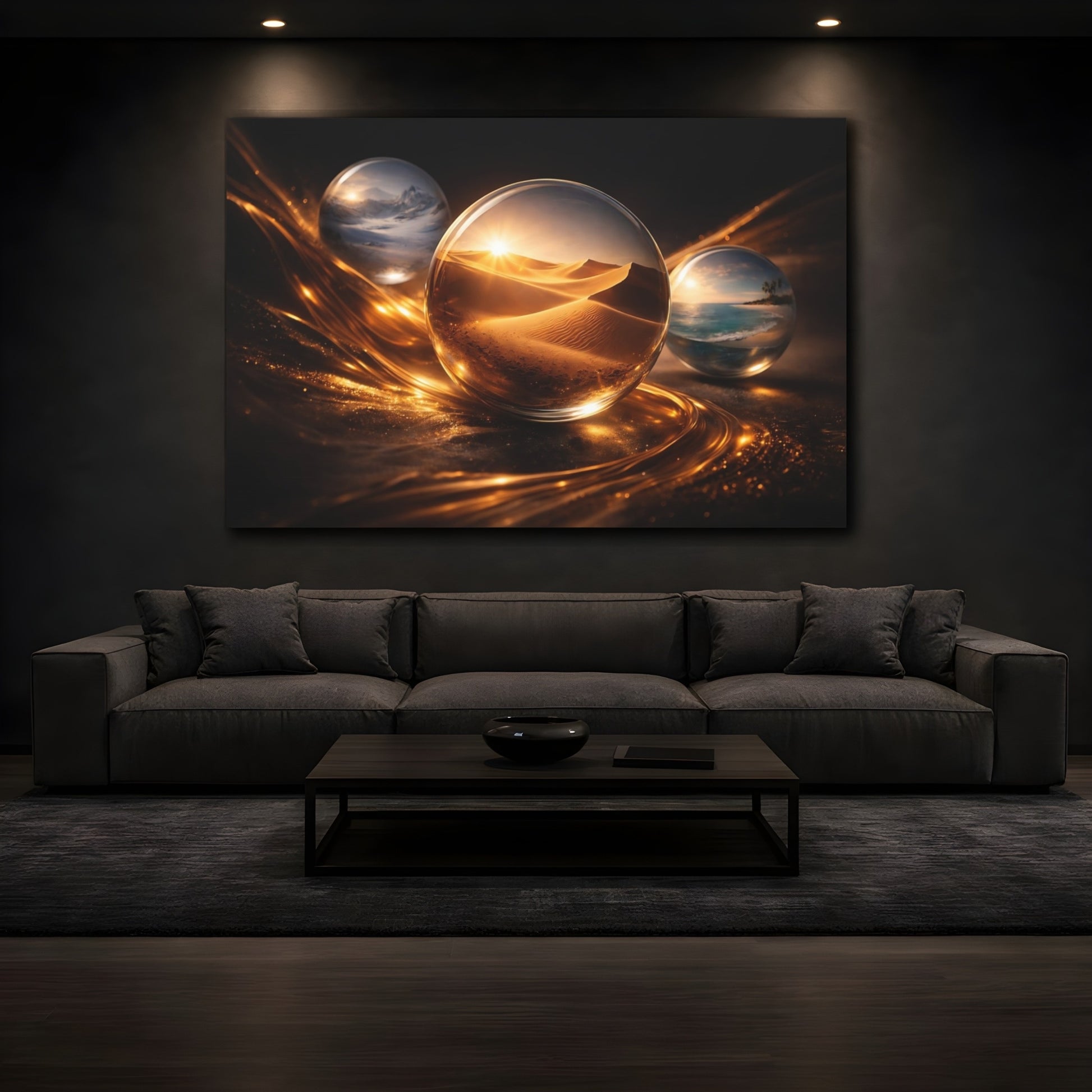 Mockup 3. Nature Crystal Orbs Golden Black shown as stretched canvas wall art